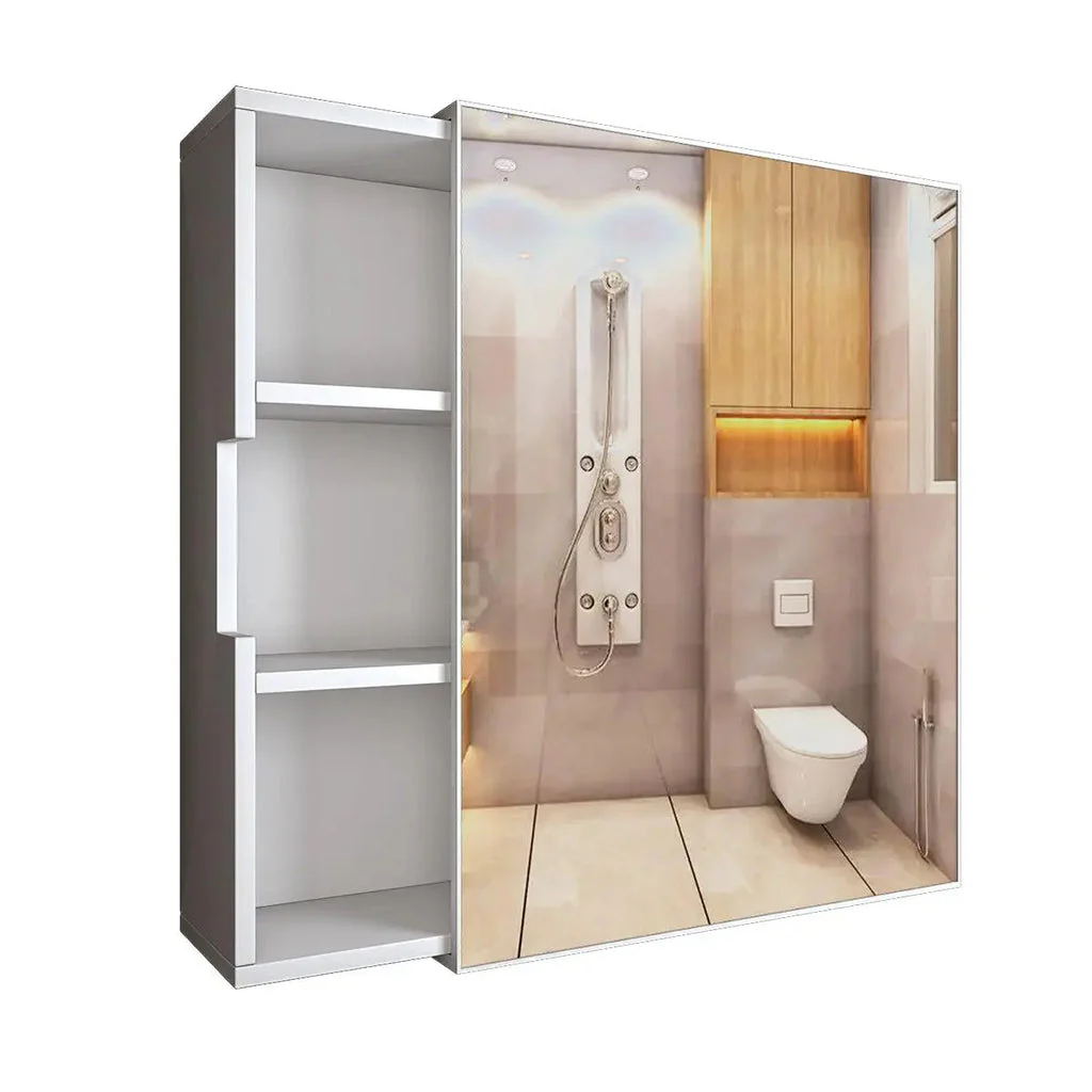 Luxurious Classic Wooden Bathroom Cabinet Mirror with 3 Open Shelves with White Finish - Image 5