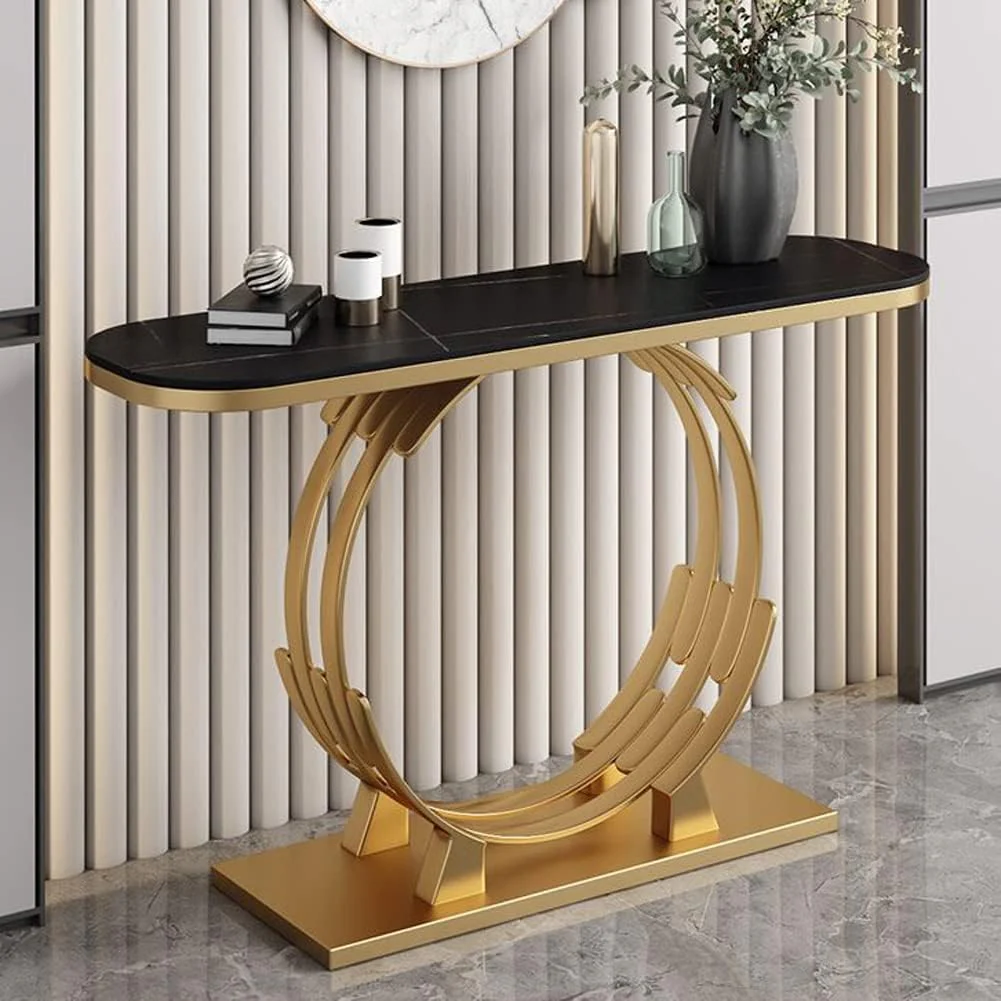 Luxurious Gold Circular Ring Console Table with Sleek Black Marble Top