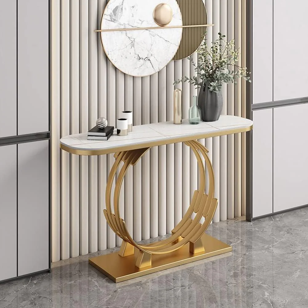 Luxurious Gold Circular Ring Console Table with Sleek White Marble Top