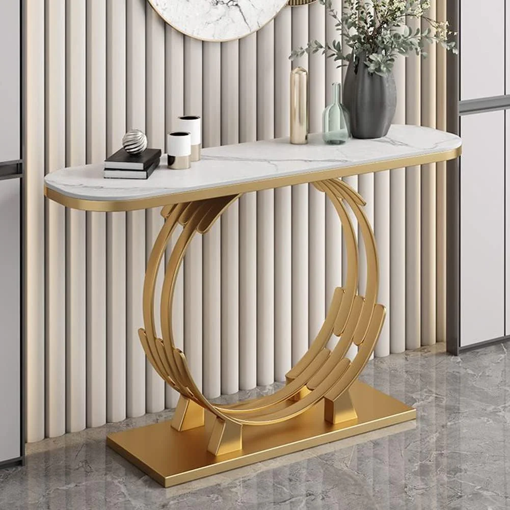 Luxurious Gold Circular Ring Console Table with Sleek White Marble Top - Image 2