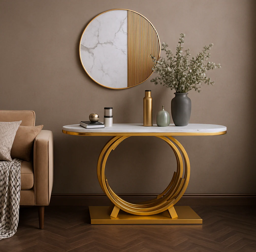 Luxurious Gold Circular Ring Console Table with Sleek White Marble Top - Image 3