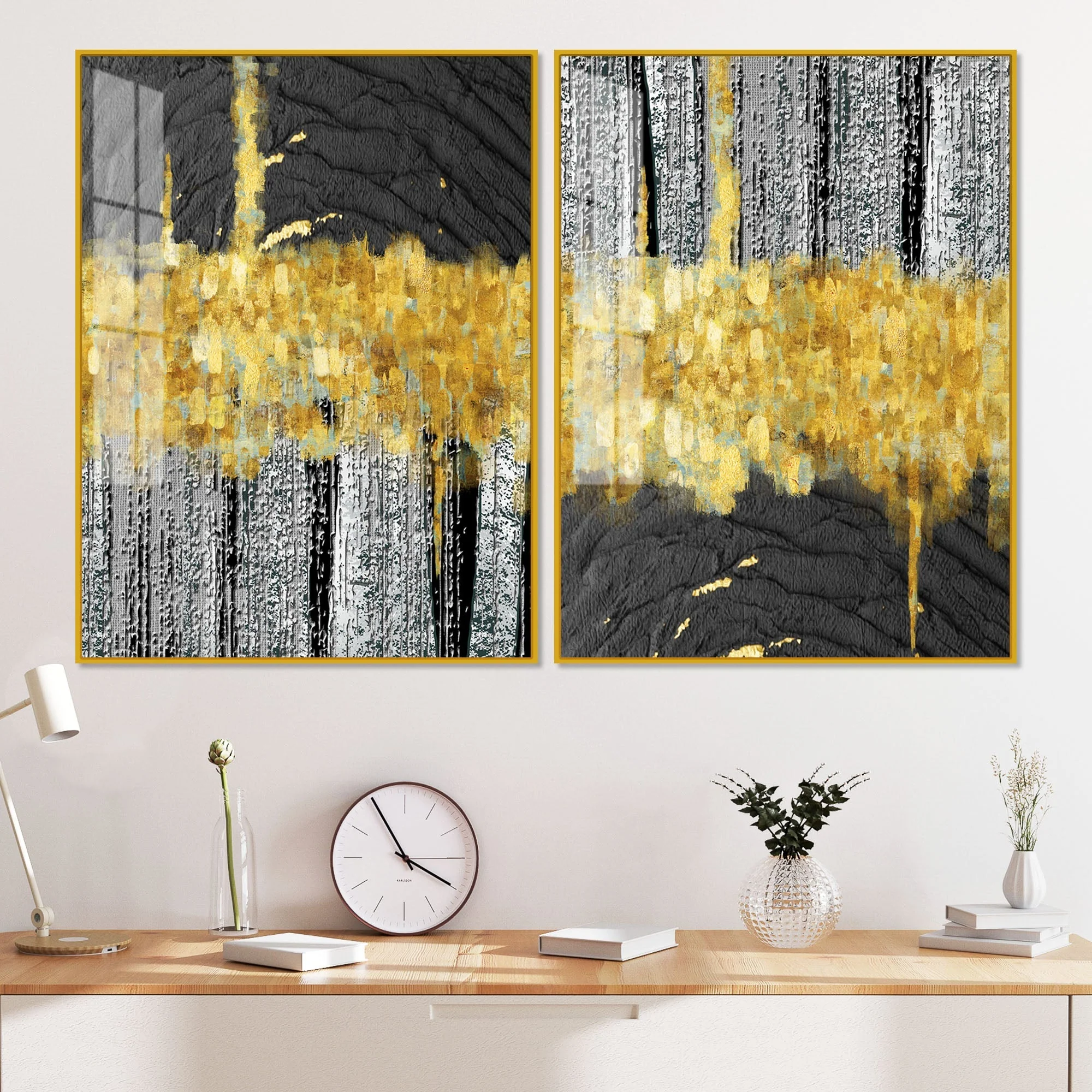 Luxurious Golden Textured Pattern Shapes Acrylic Floating Wall Painting Set Of 2 - Image 2