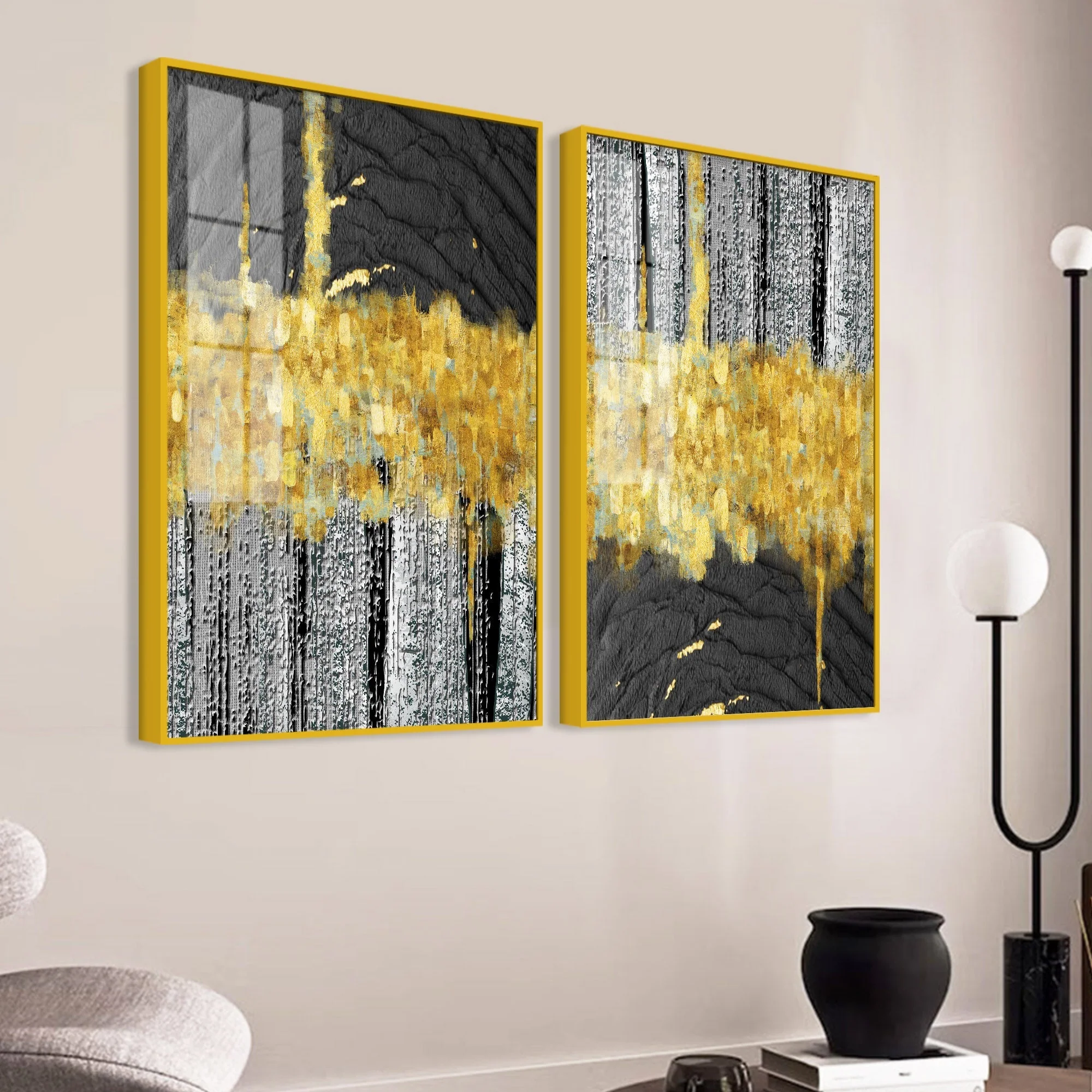Luxurious Golden Textured Pattern Shapes Acrylic Floating Wall Painting Set Of 2 - Image 3