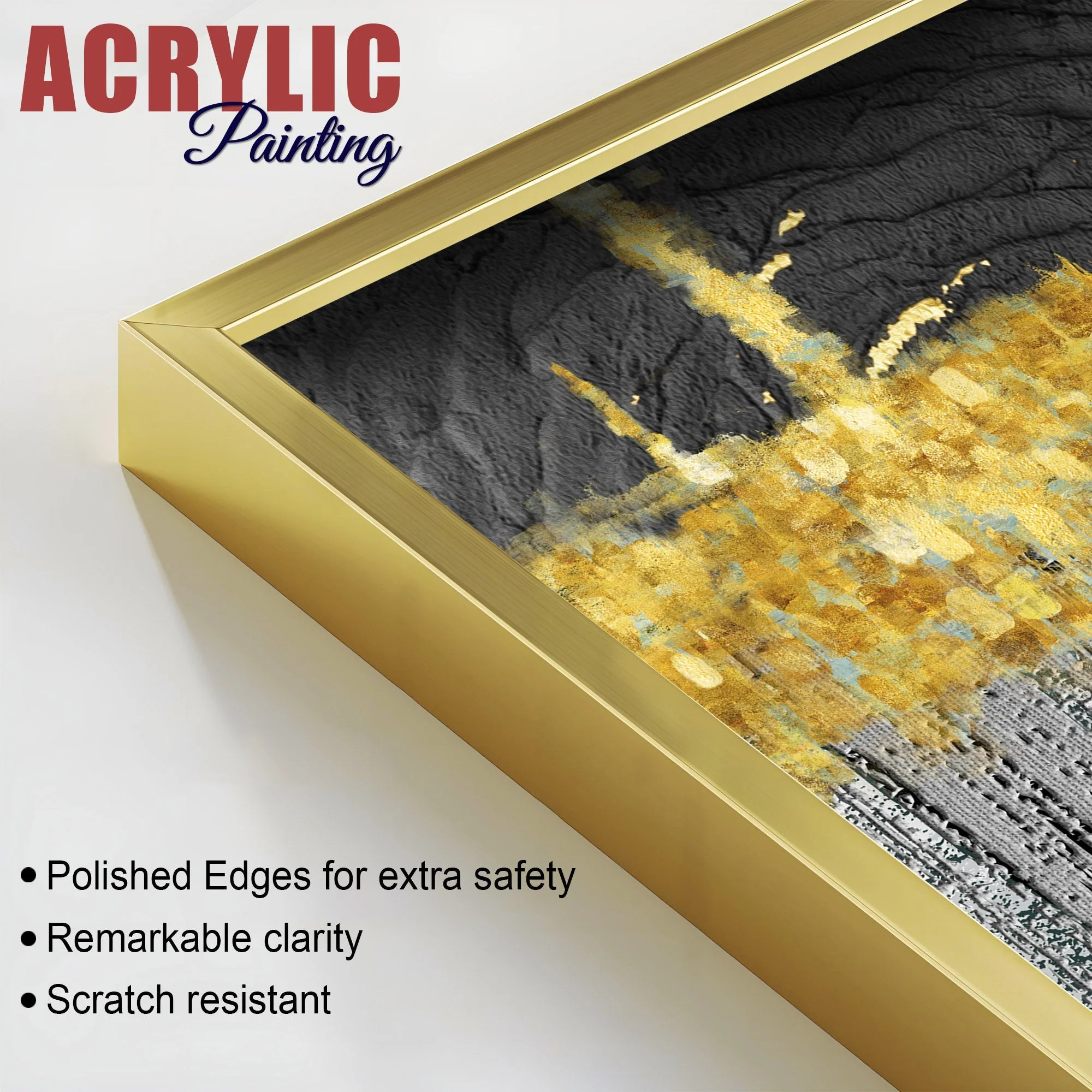 Luxurious Golden Textured Pattern Shapes Acrylic Floating Wall Painting Set Of 2 - Image 4