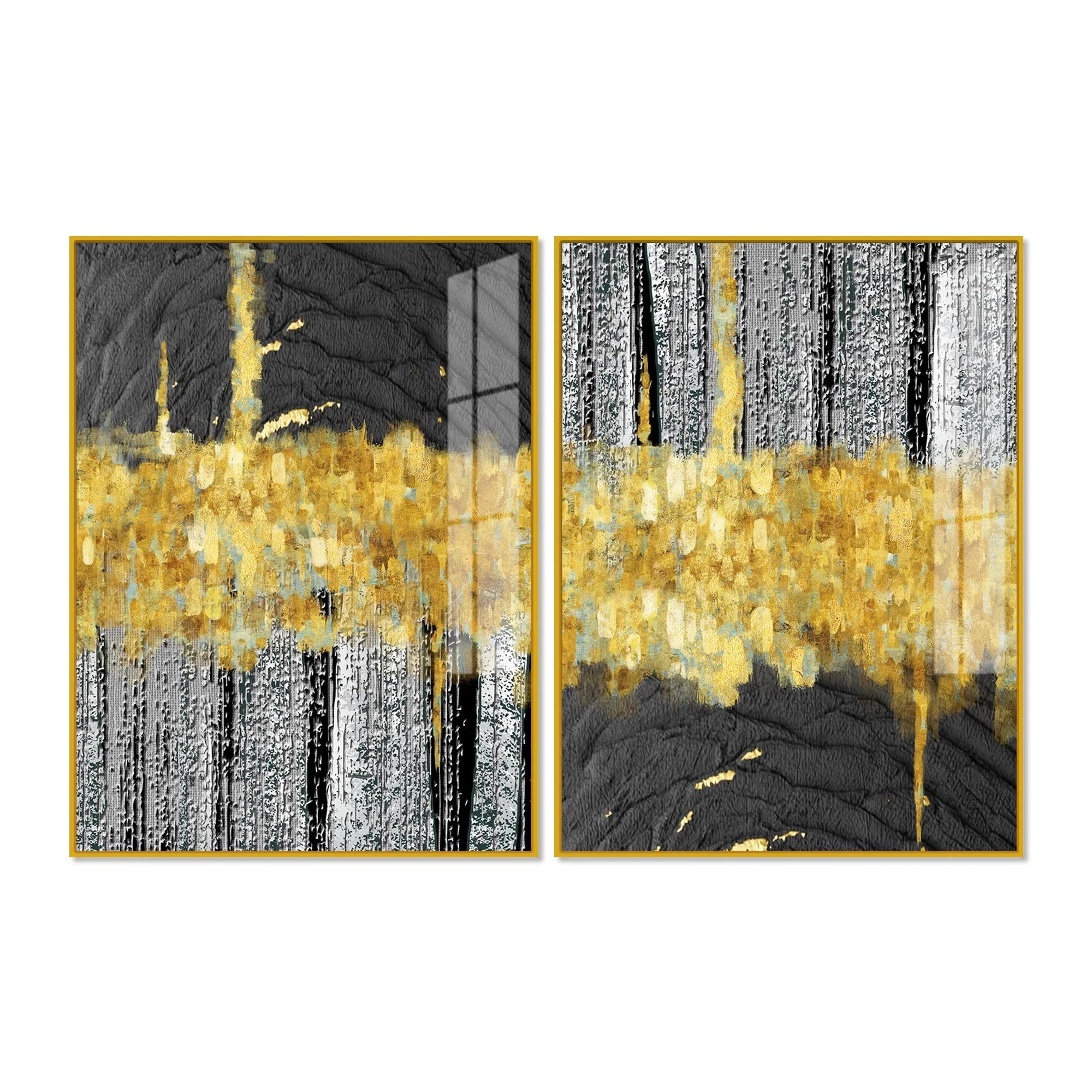 Luxurious Golden Textured Pattern Shapes Acrylic Floating Wall Painting Set Of 2 - Image 5