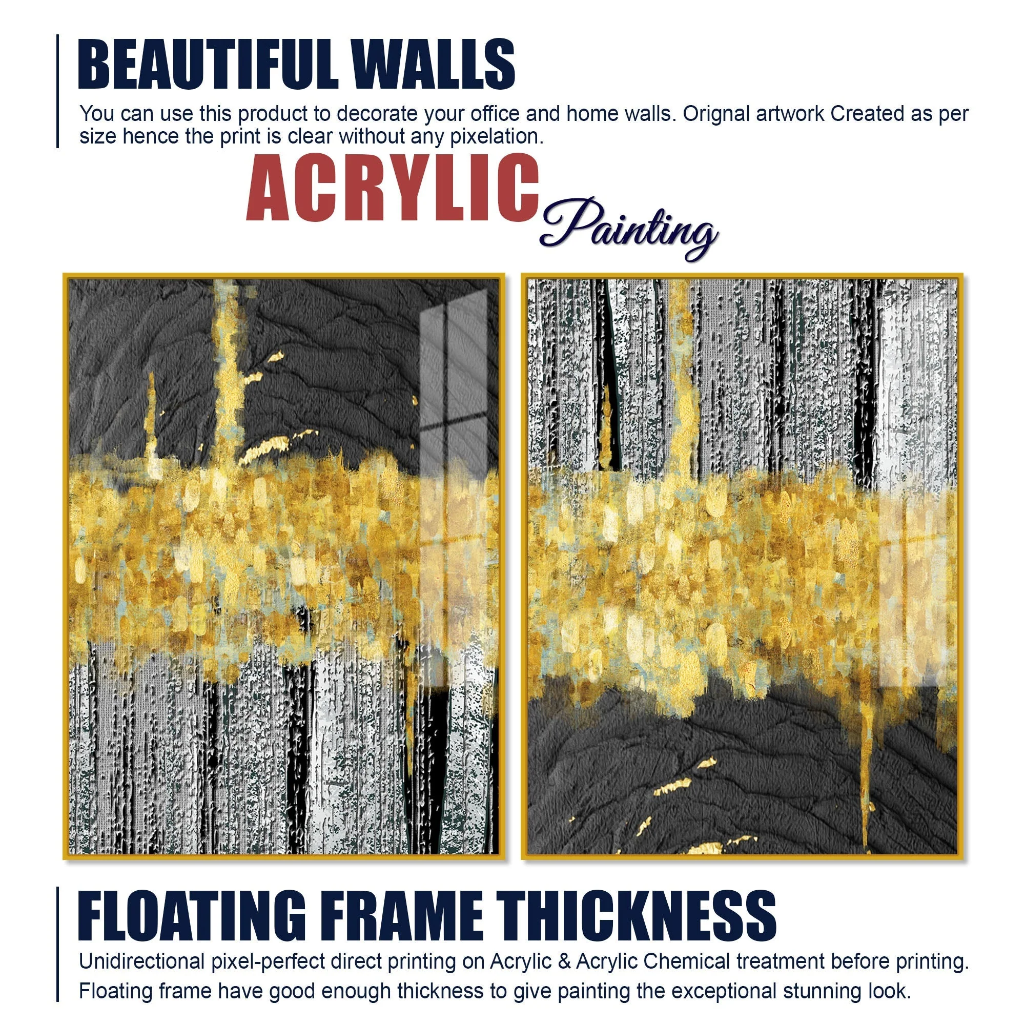 Luxurious Golden Textured Pattern Shapes Acrylic Floating Wall Painting Set Of 2 - Image 6