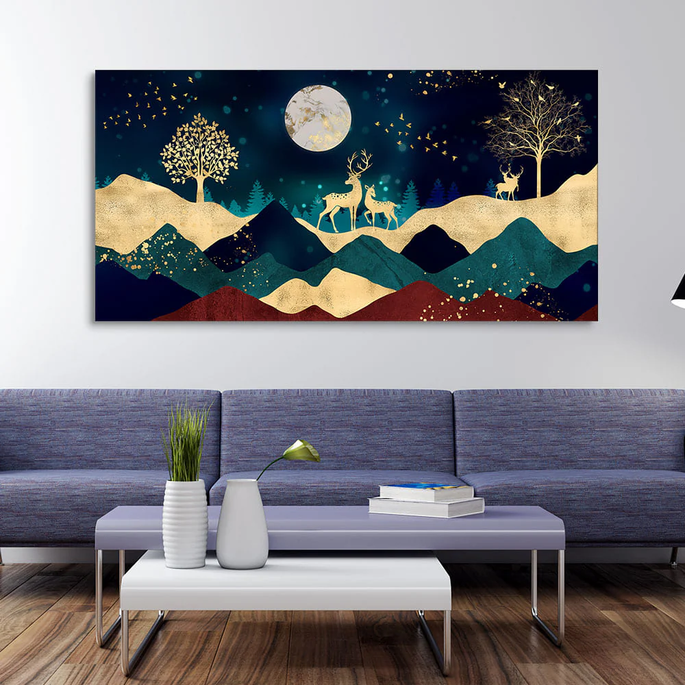 Luxurious Modern Art of Mountains and Golden Tropical leaves Canvas Wall Painting Premium Wall Painting - Image 2