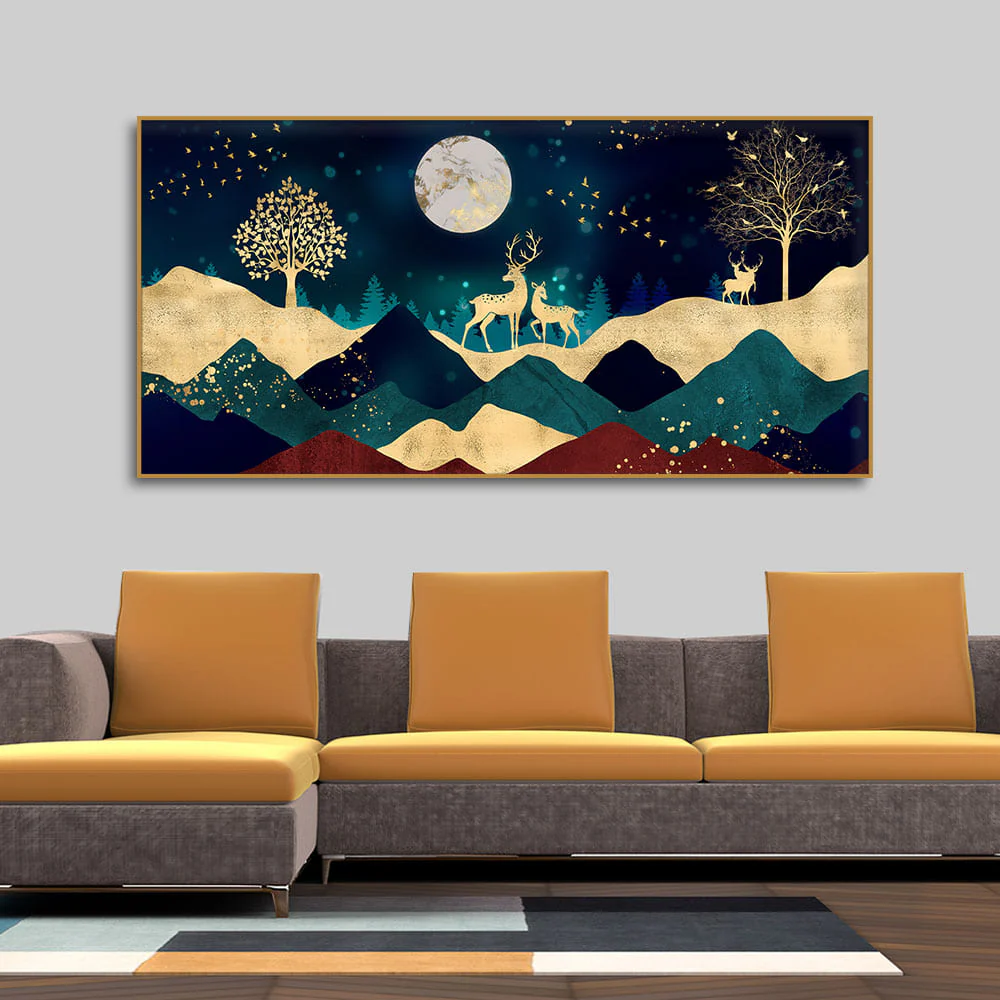 Luxurious Modern Art of Mountains and Golden Tropical leaves Canvas Wall Painting Premium Wall Painting - Image 3