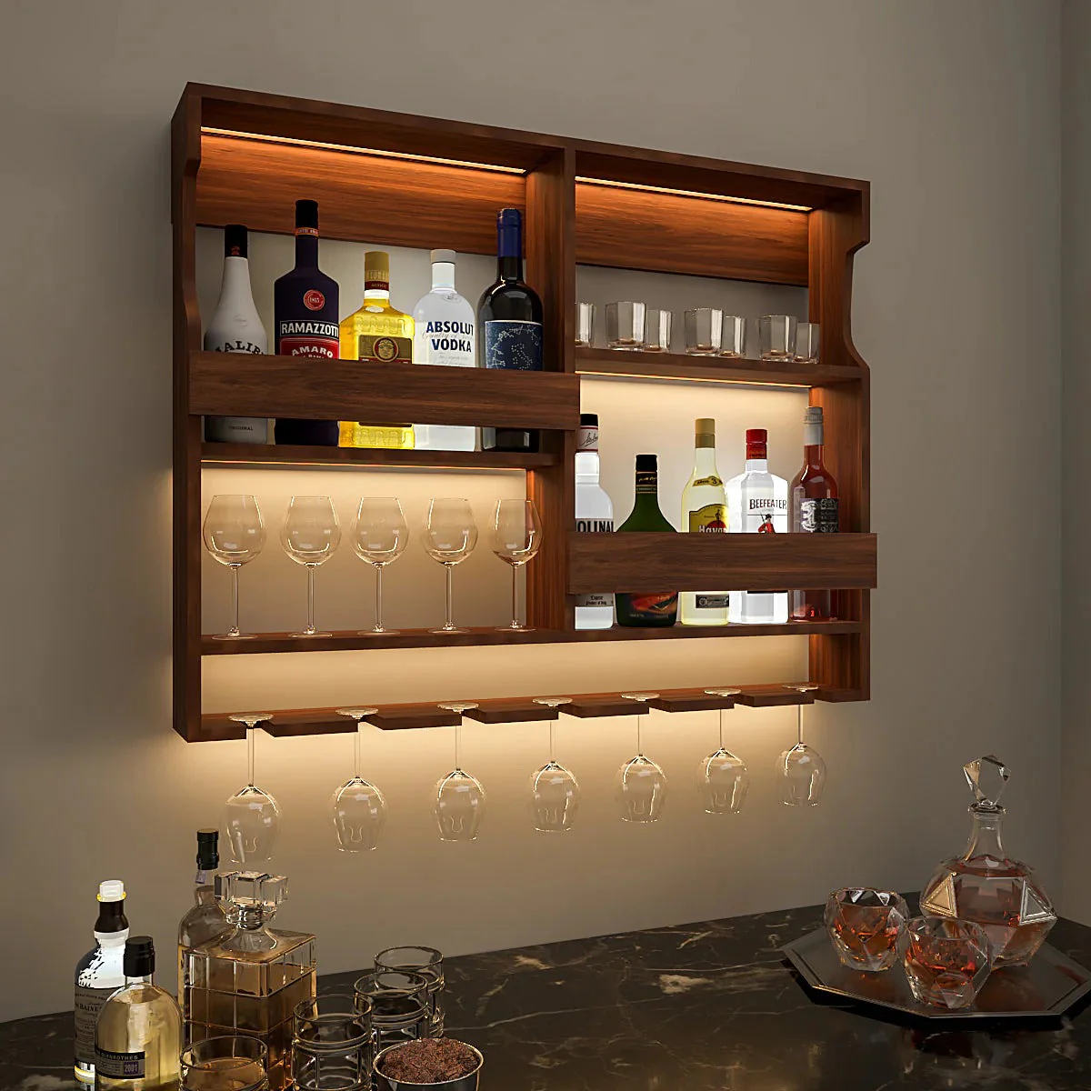 Luxurious Style Backlit Walnut Finished Mini Bar Shelf - Image 3