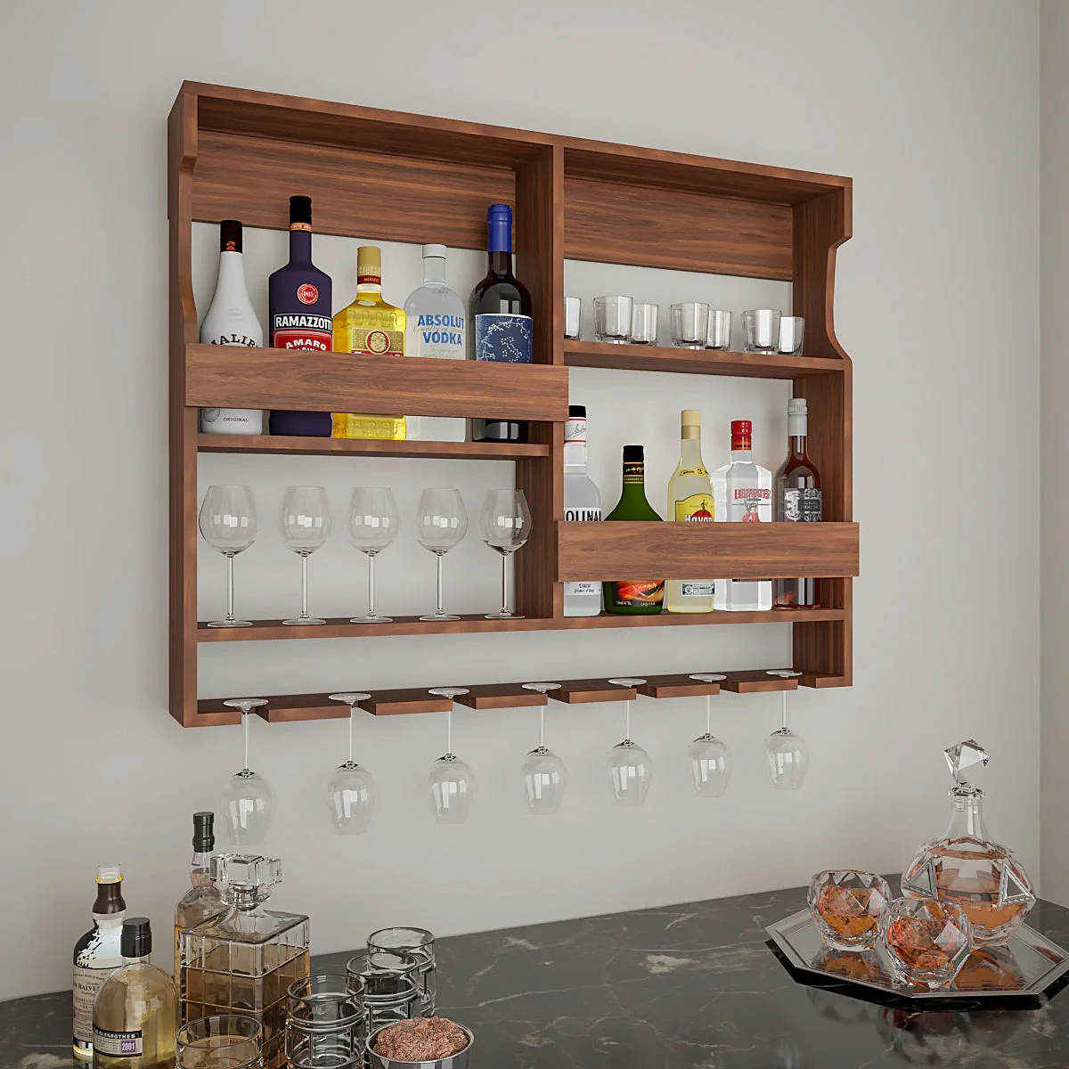 Luxurious Style Backlit Walnut Finished Mini Bar Shelf - Image 4