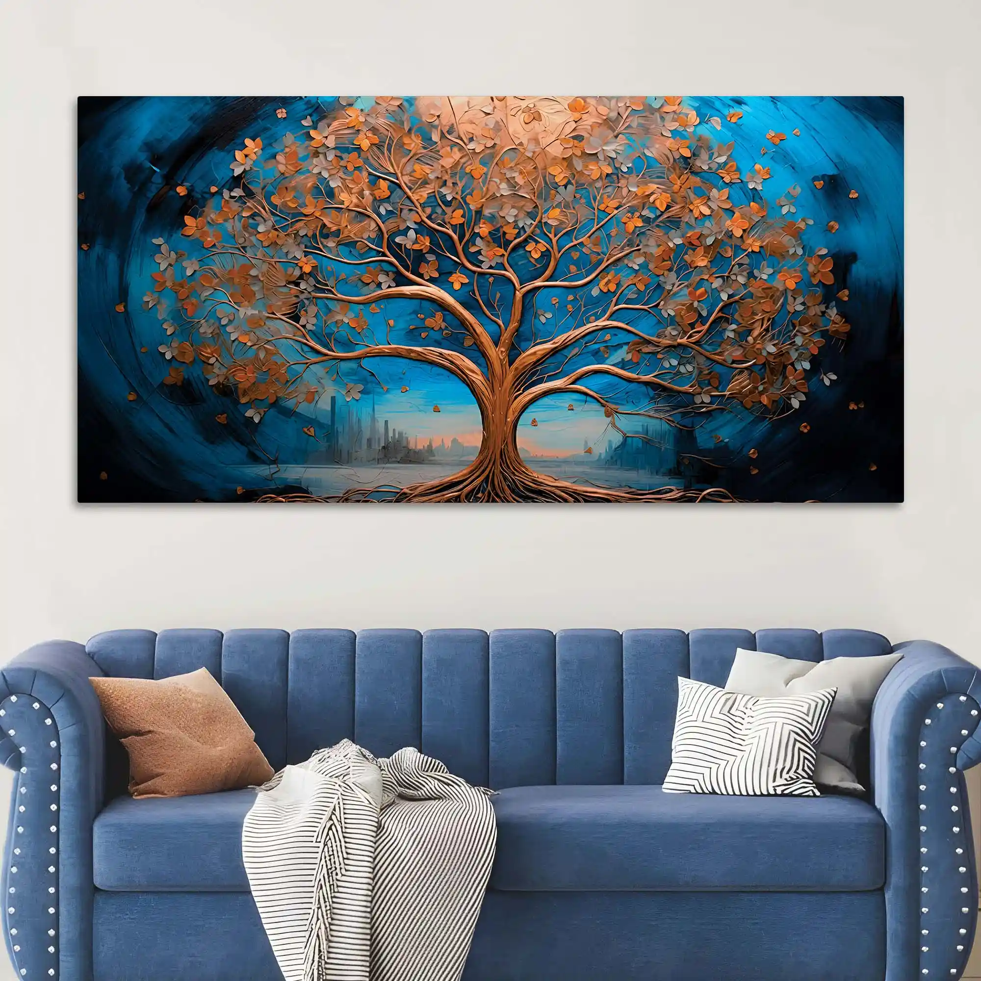 Luxury Abstract Blue and Golden Tree Canvas Wall Painting - Image 3