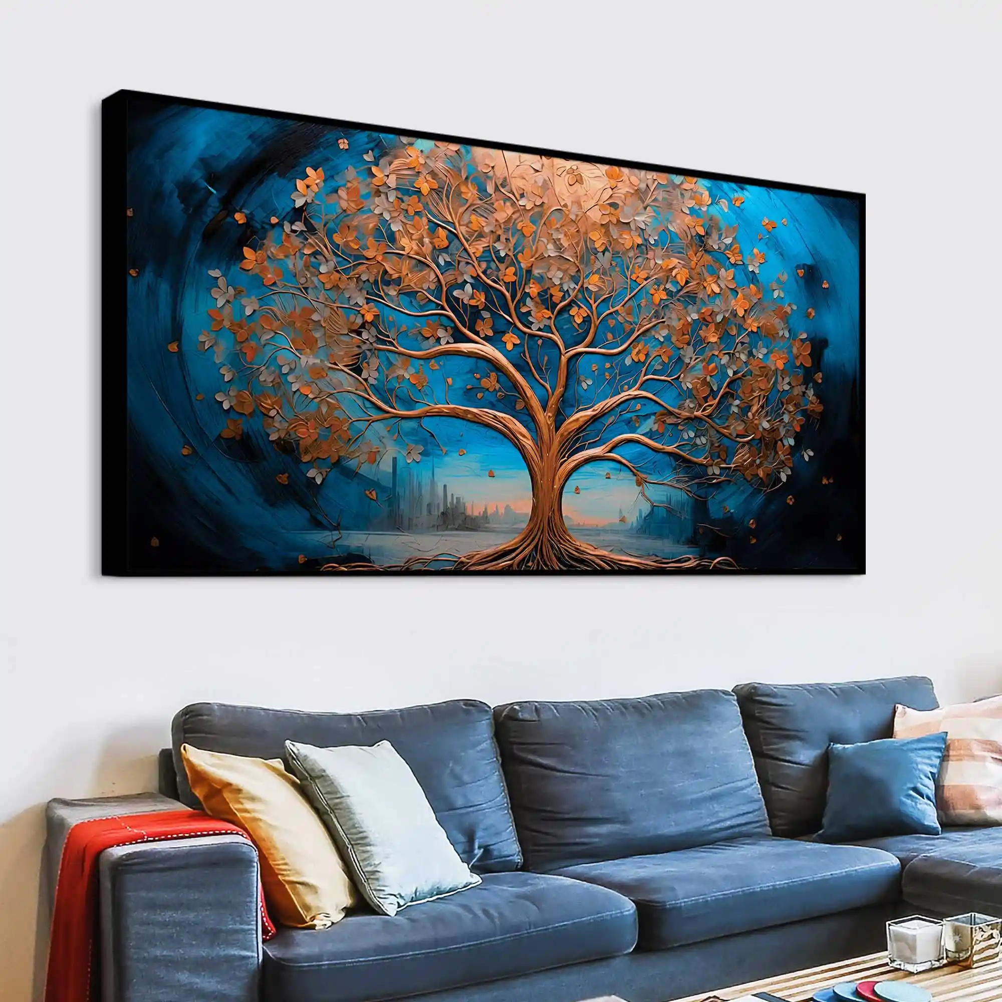 Luxury Abstract Blue and Golden Tree Canvas Wall Painting - Image 5