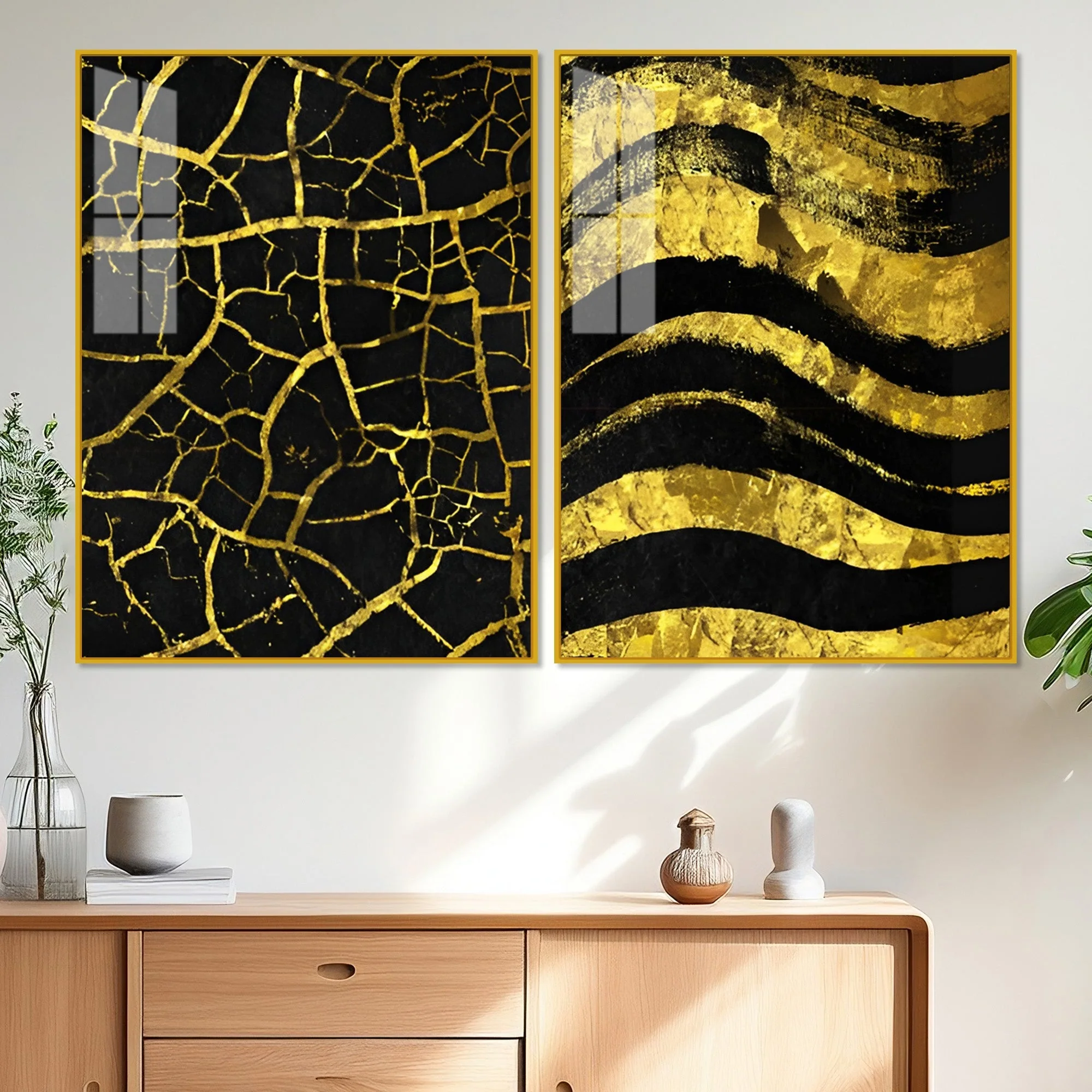 Luxury Black and Gold Marble Texture Acrylic Floating Wall Painting Set Of 2 - Image 2