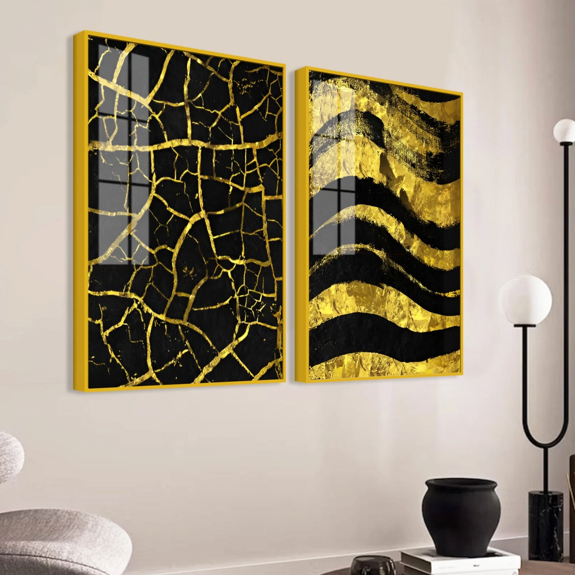 Luxury Black and Gold Marble Texture Acrylic Floating Wall Painting Set Of 2 - Image 3