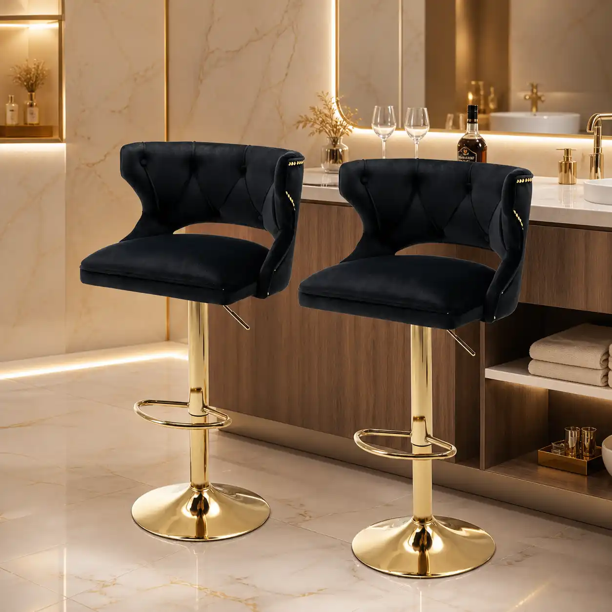 Luxury Black Finish Velvet Bar Lounge Chair with Gold Base - Image 2