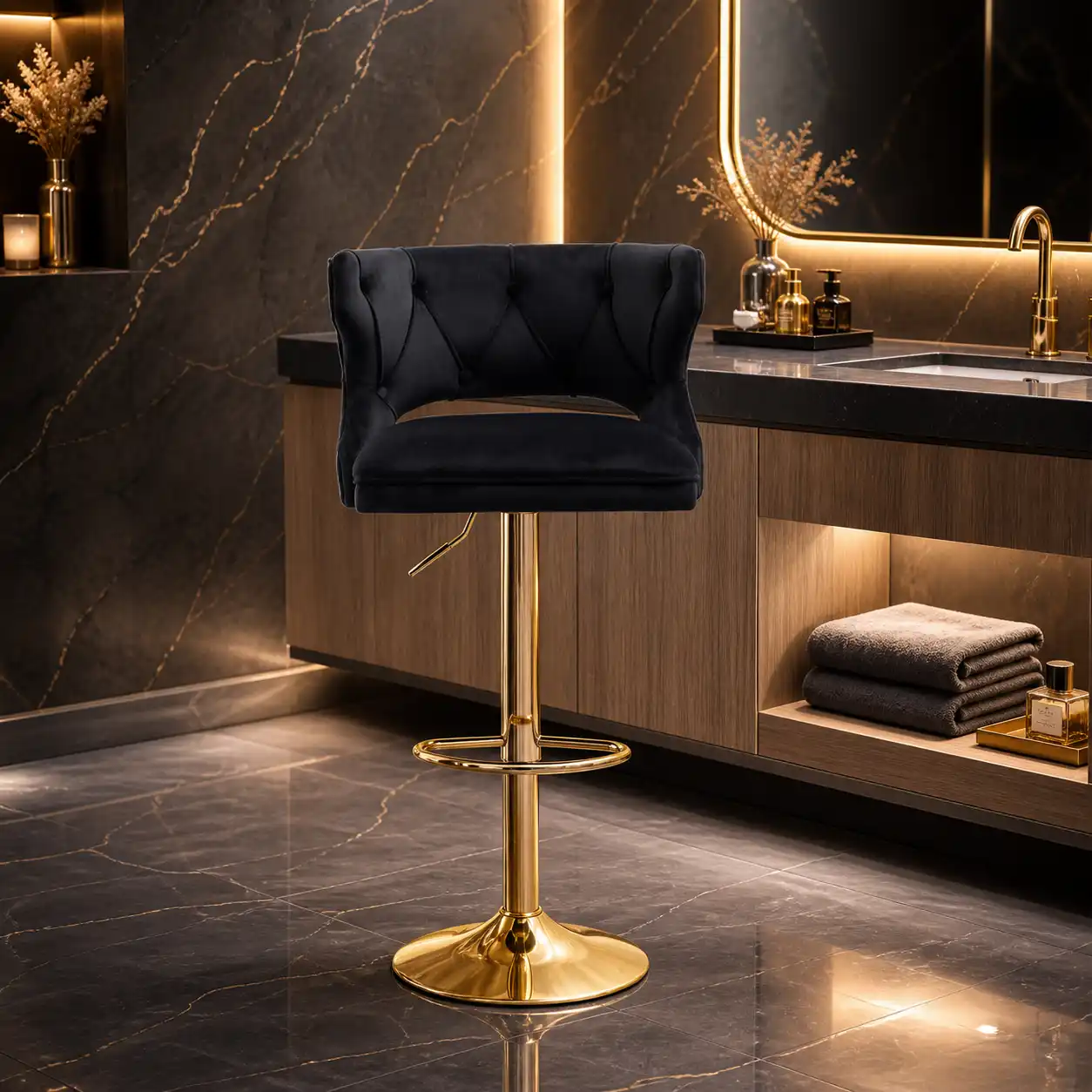Luxury Black Finish Velvet Bar Lounge Chair with Gold Base - Image 4