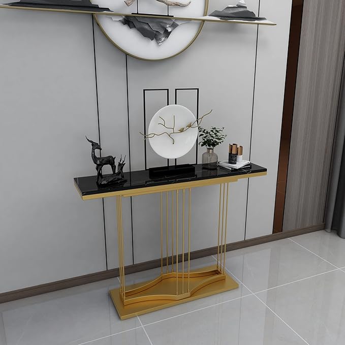Luxury Black Marble Console Table with Gold Base - Image 3