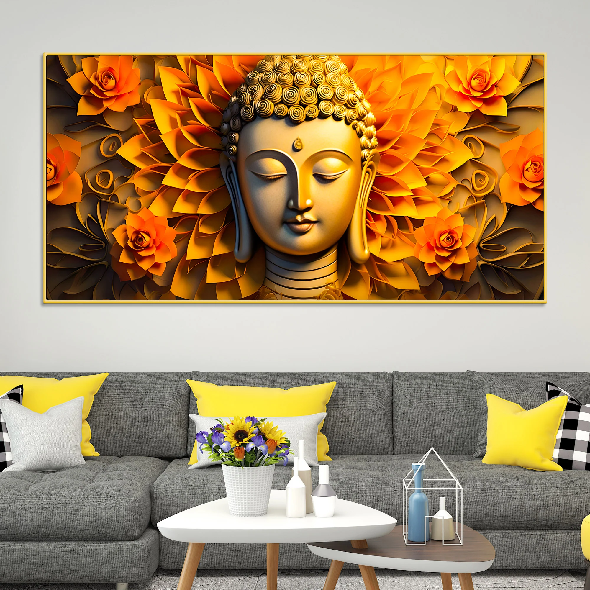 Luxury Buddha Face Wall Painting with Floral Background - Image 2