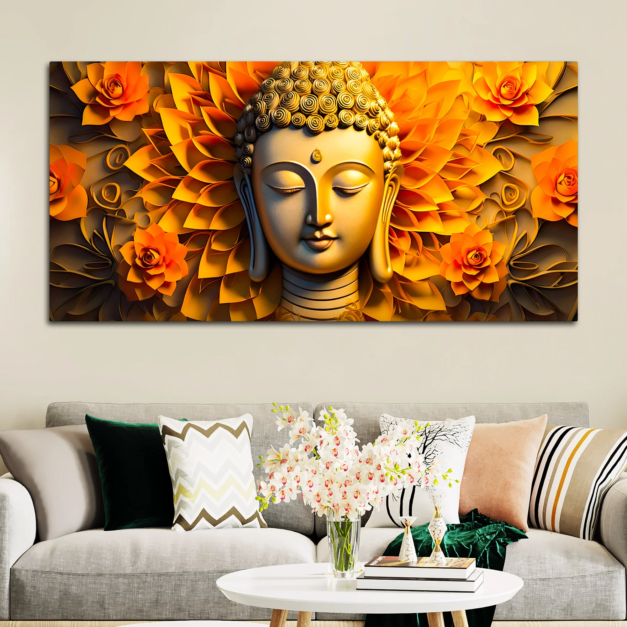 Luxury Buddha Face Wall Painting with Floral Background - Image 3