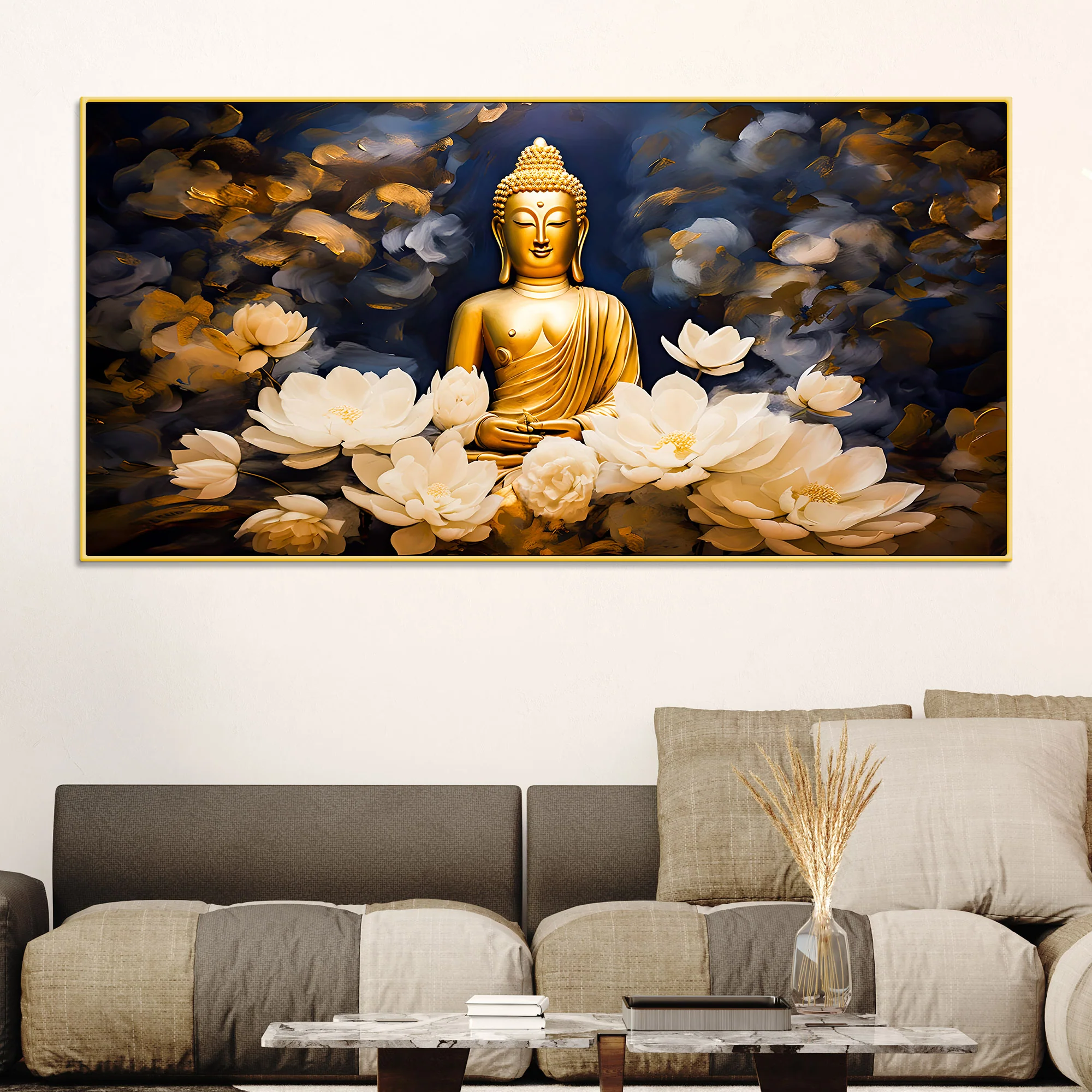 Luxury Buddha Meditation Wall Painting with White Lotus Art