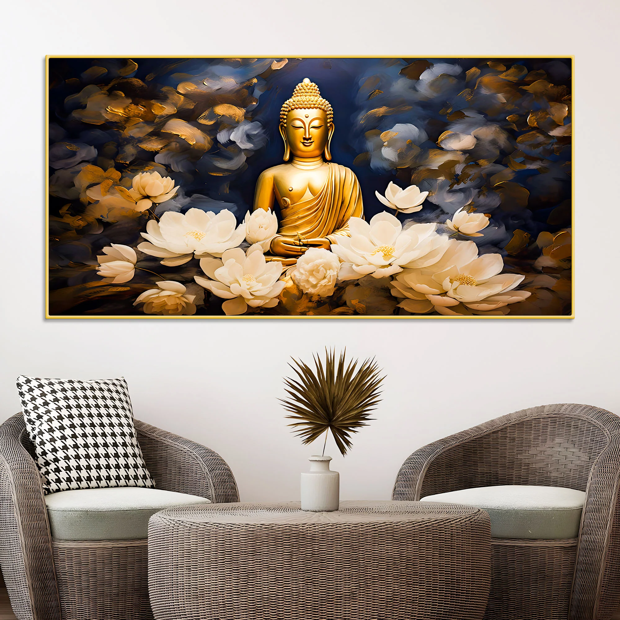 Luxury Buddha Meditation Wall Painting with White Lotus Art - Image 2