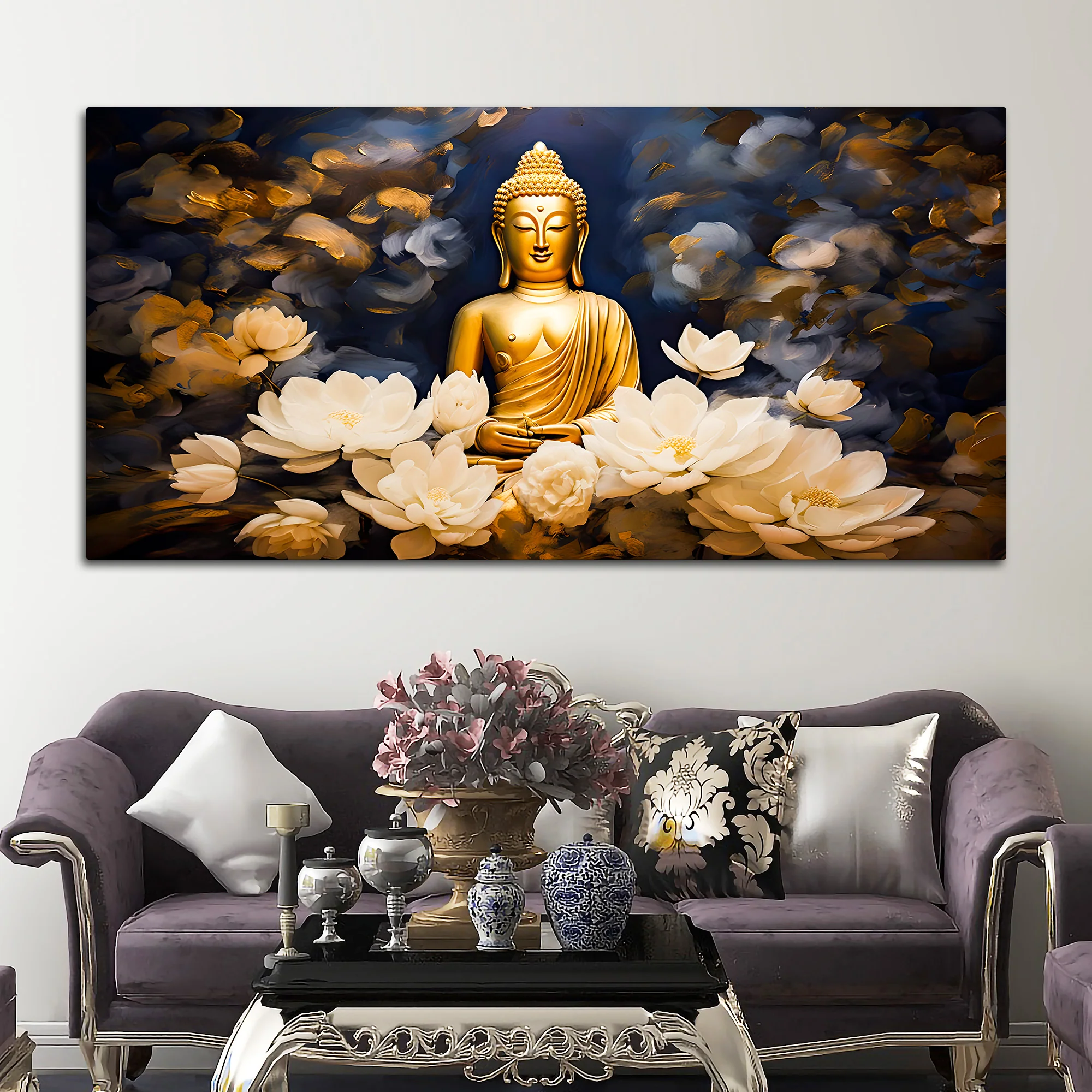 Luxury Buddha Meditation Wall Painting with White Lotus Art - Image 3