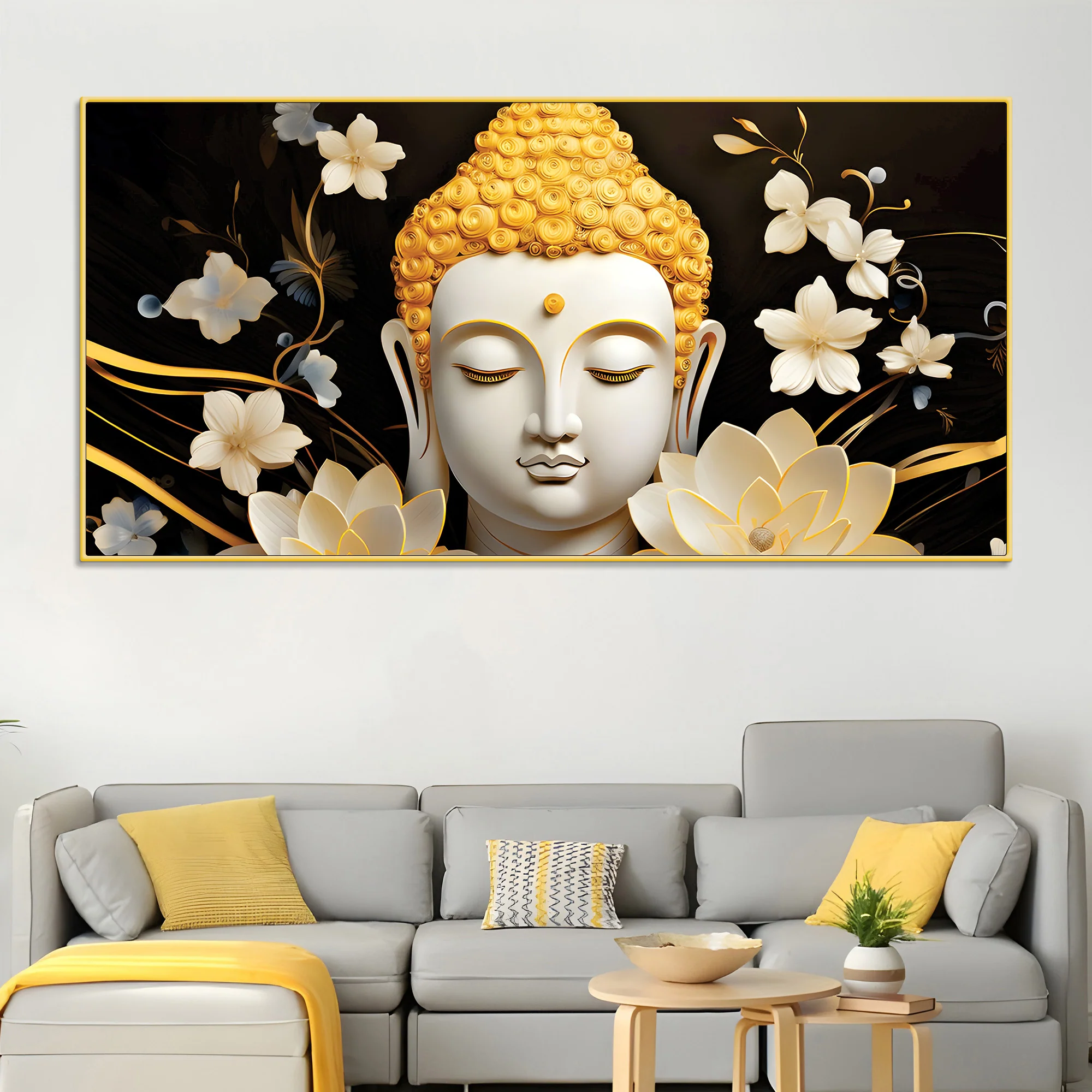 Luxury Buddha Wall Painting with Blooming Floral Background - Image 2