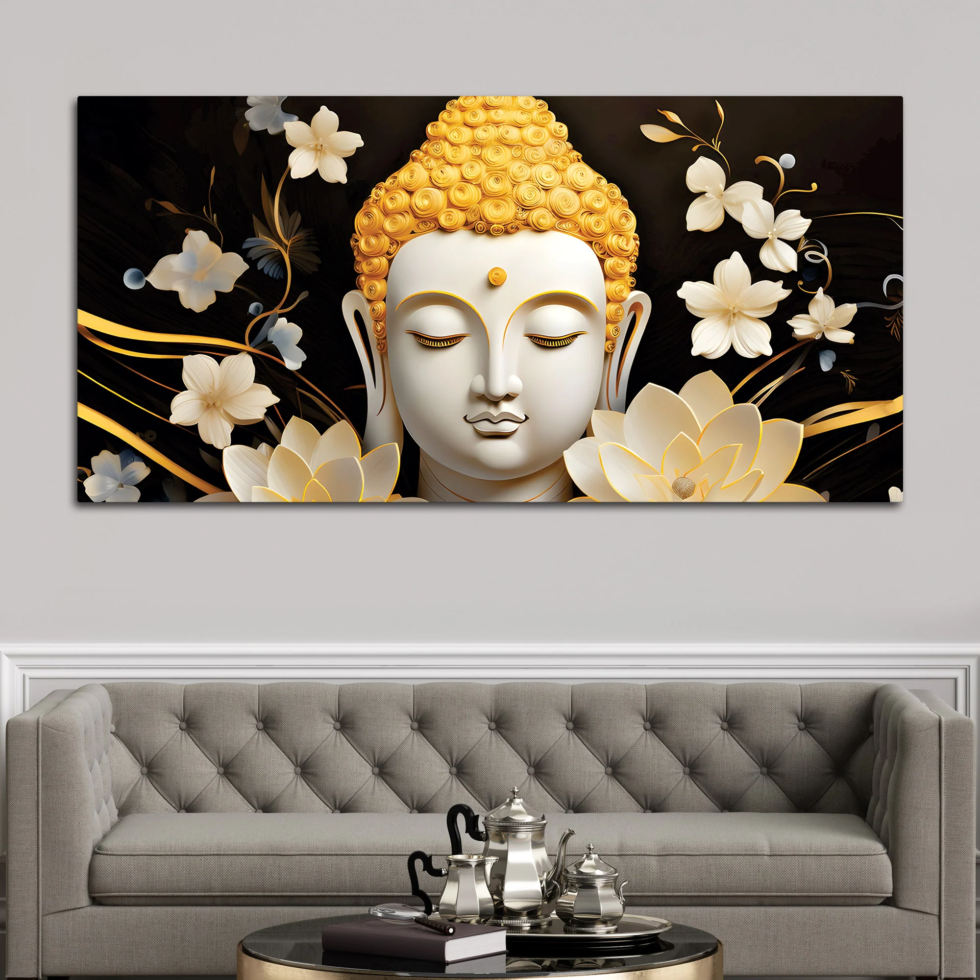 Luxury Buddha Wall Painting with Blooming Floral Background - Image 3