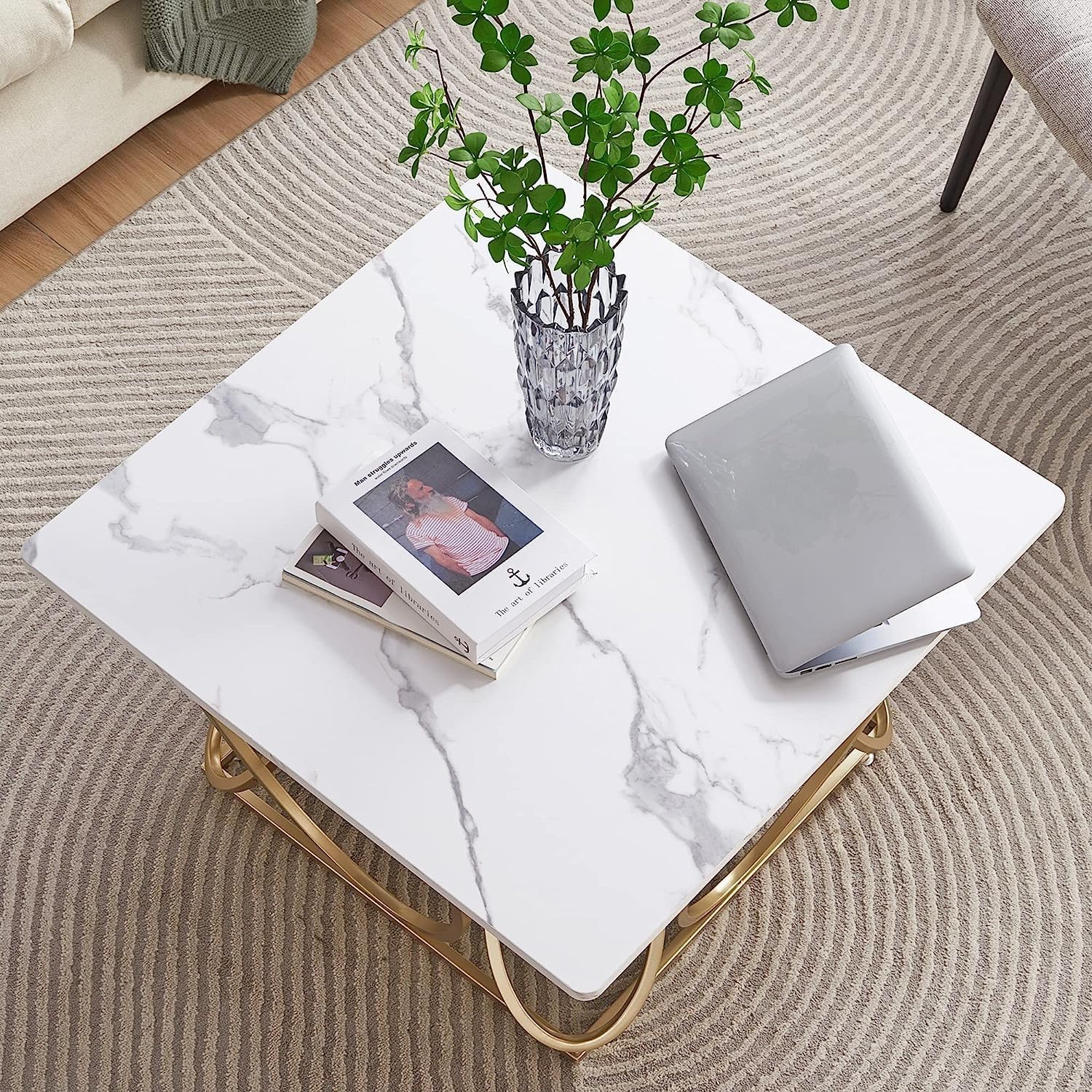 Luxury Center Table with Double Storage Self White Marble Finish - Image 3