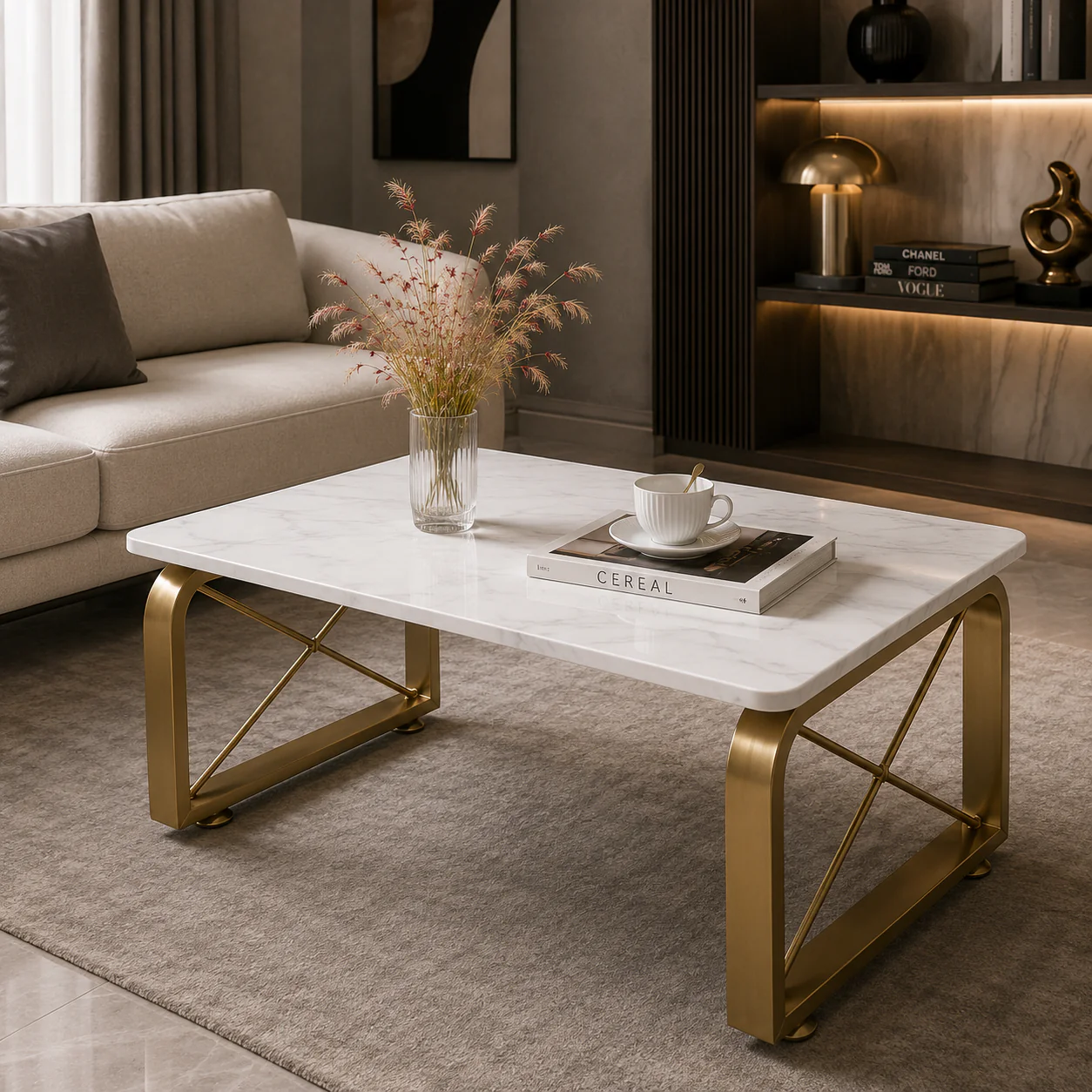 Luxury Center Table with White Marble Finish and Gold Frame - Image 3