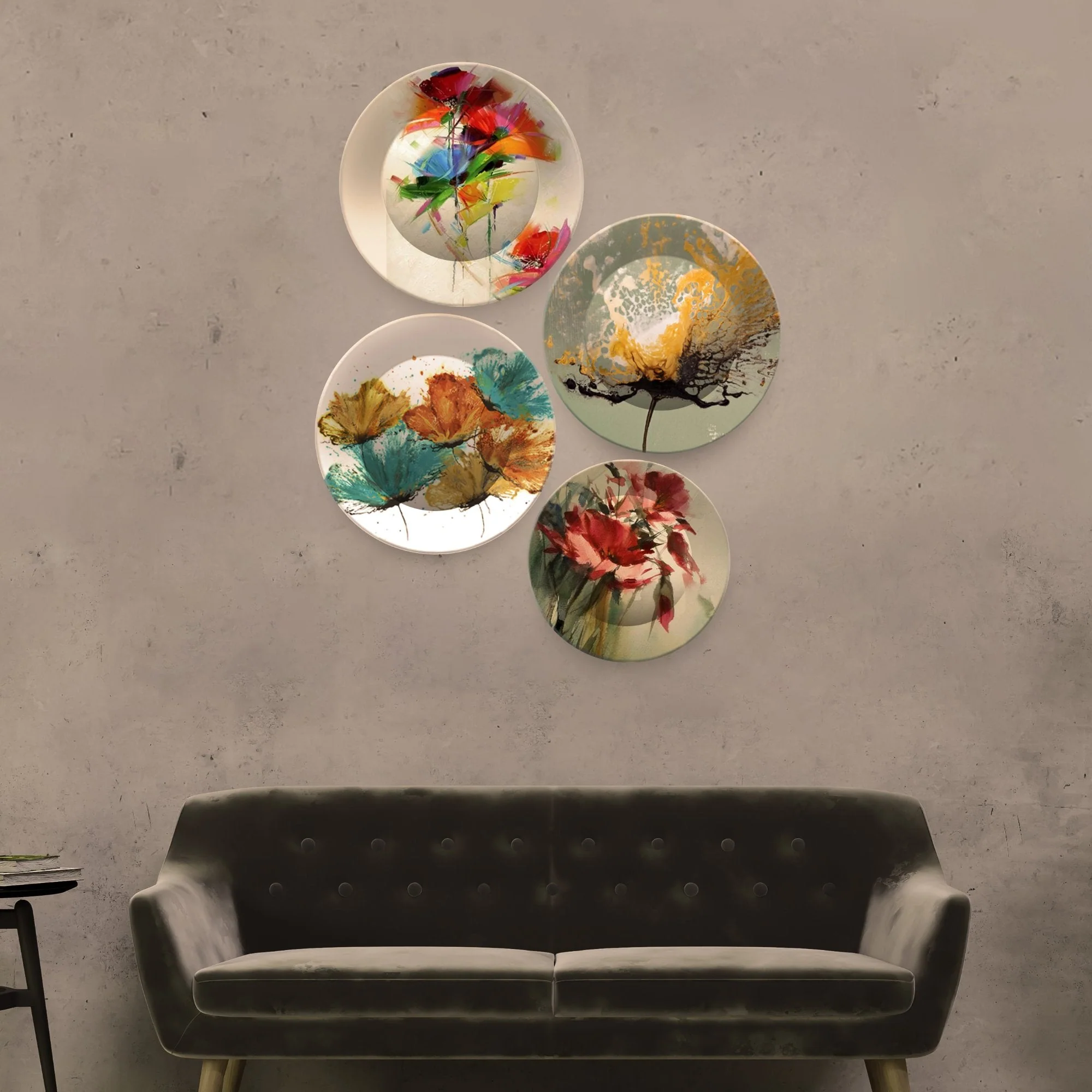 Luxury Ceramic Wall Plates Painting of Abstract Flowers 4 Pieces - Image 2
