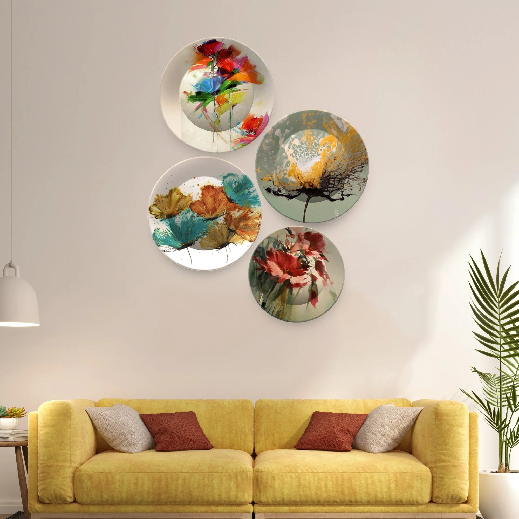 Luxury Ceramic Wall Plates Painting of Abstract Flowers 4 Pieces - Image 3