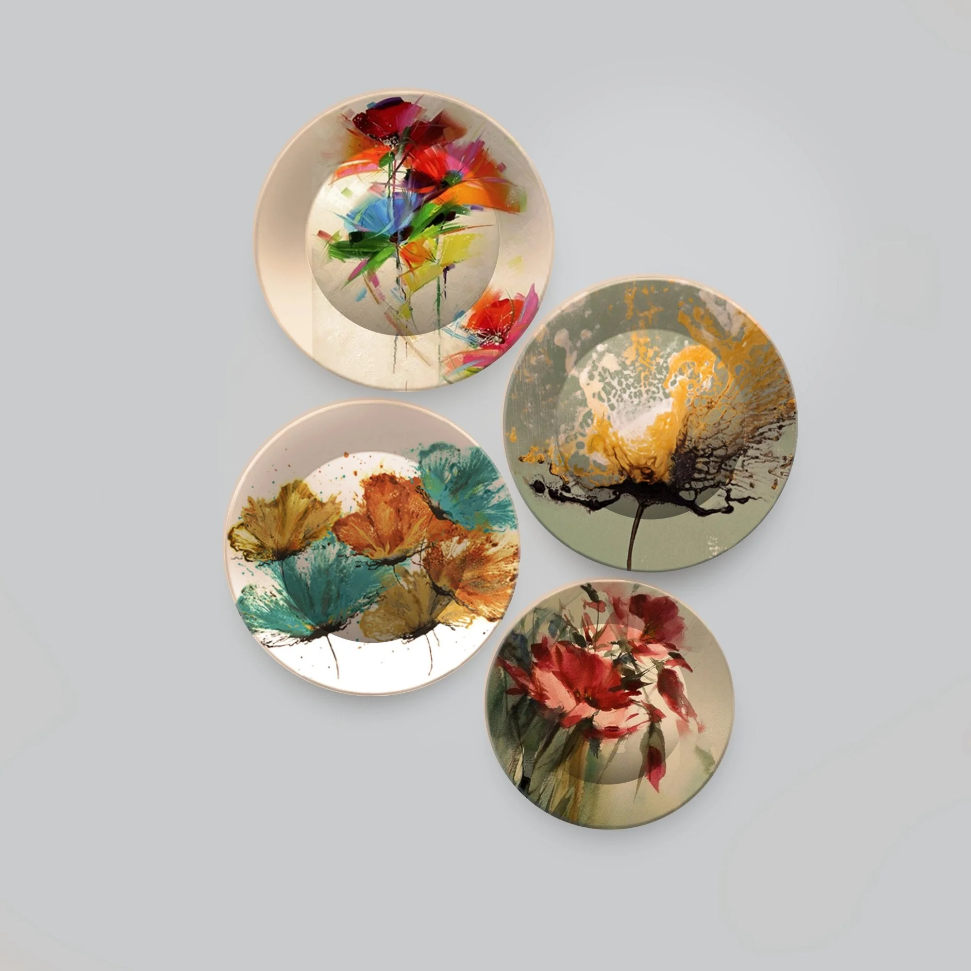 Luxury Ceramic Wall Plates Painting of Abstract Flowers 4 Pieces - Image 4