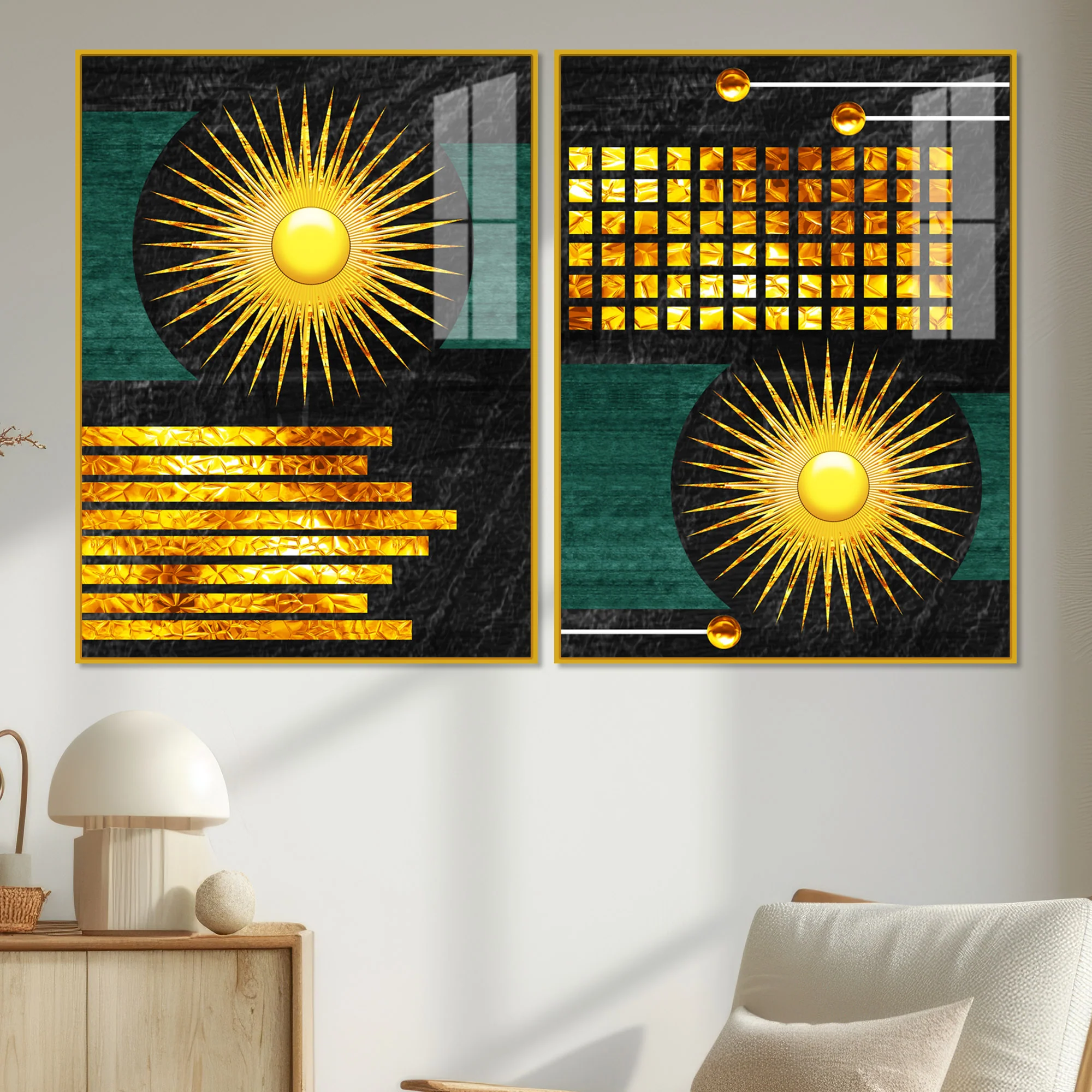 Luxury Decorative Golden Circles and Lines Dark Shape Acrylic Floating Wall Painting Set of 2 - Image 2