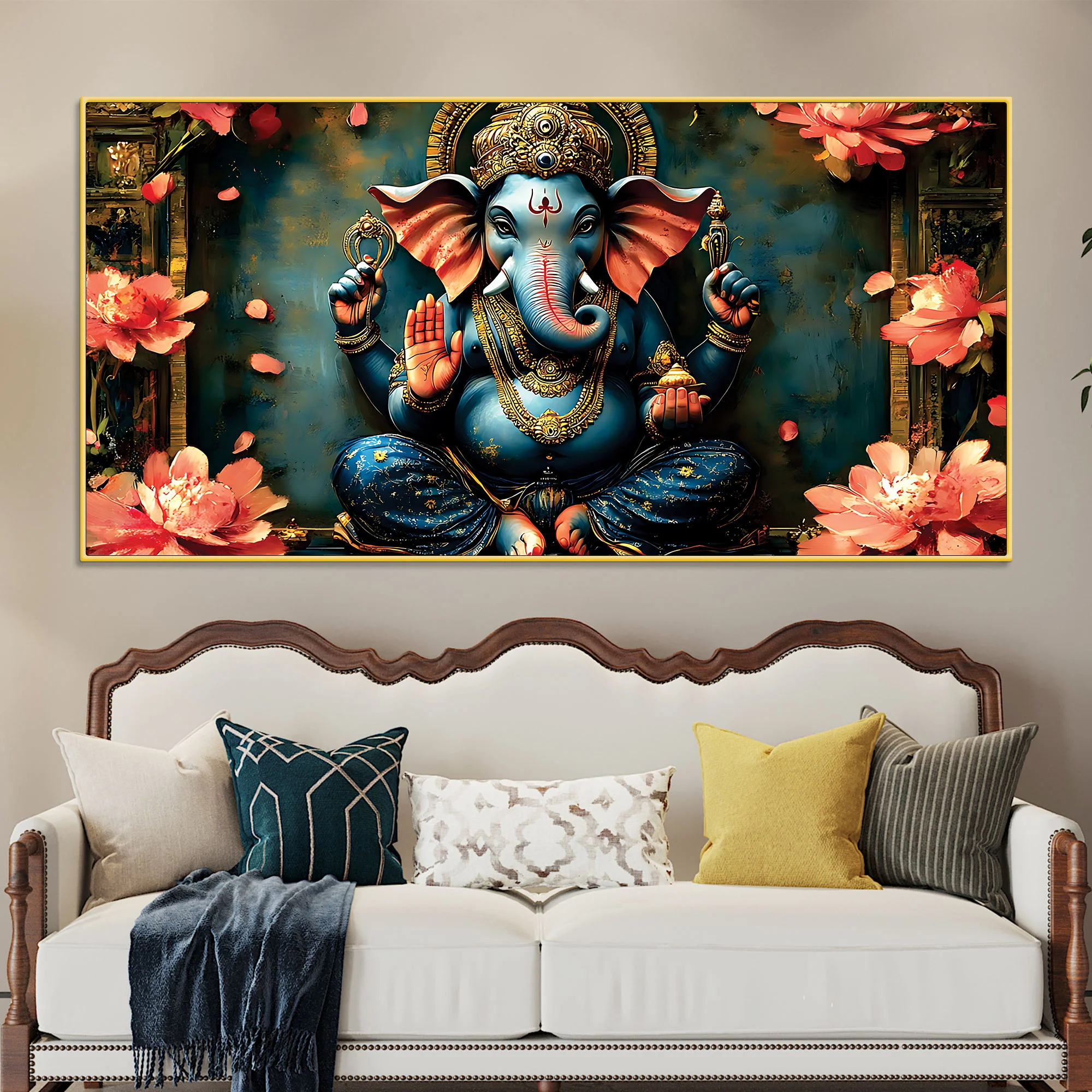 Luxury Divine Lord Ganpati Canvas Wall Painting for Elegant Interiors – Modern Devotional Wall Decor
