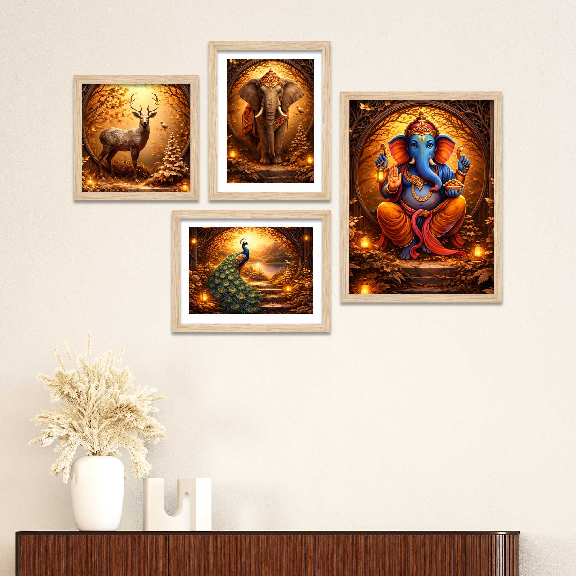 Luxury Ganesha & Wildlife Wall Frame Set of Four