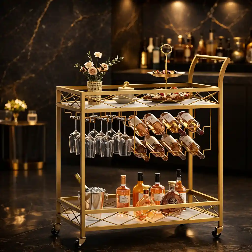 Luxury Gold Bar Cart with Built-In Bottle & Glass Storage Trolley