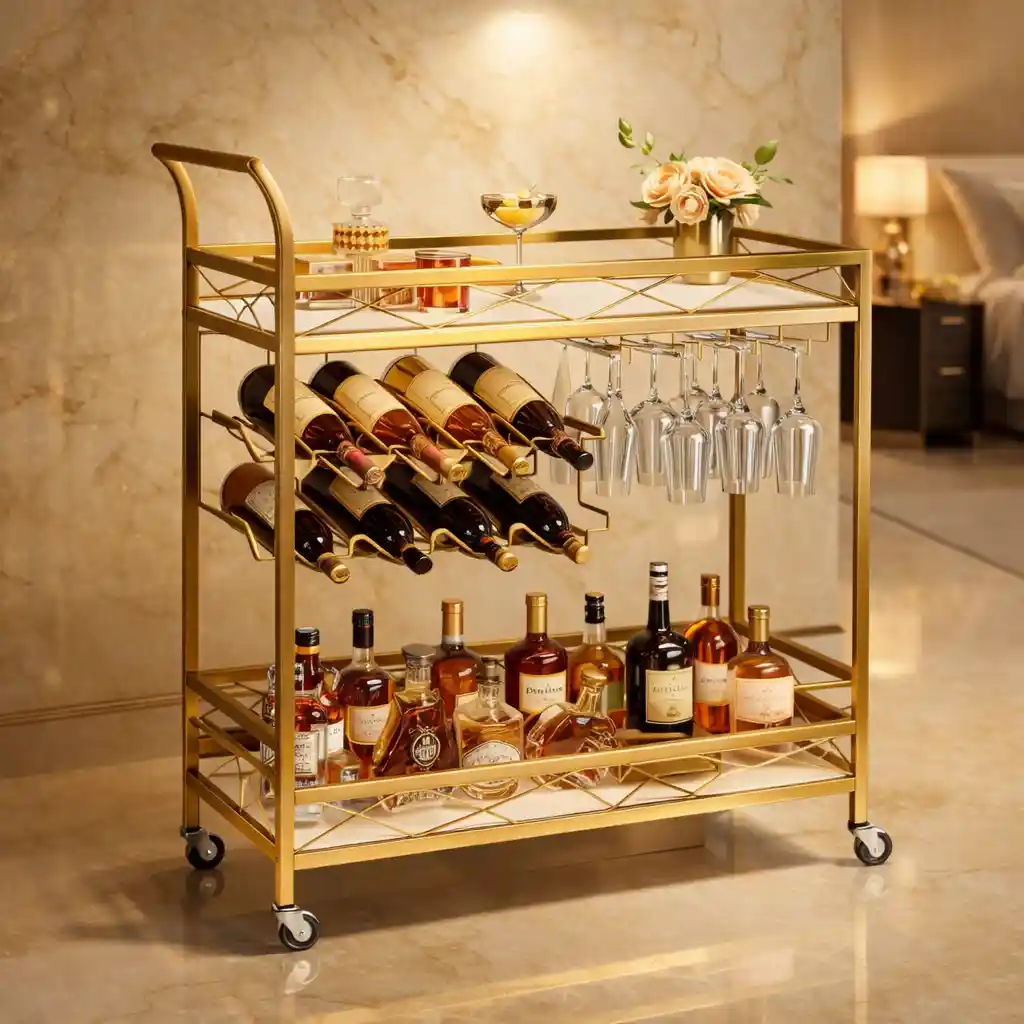 Luxury Gold Bar Cart with Built-In Bottle & Glass Storage Trolley - Image 2