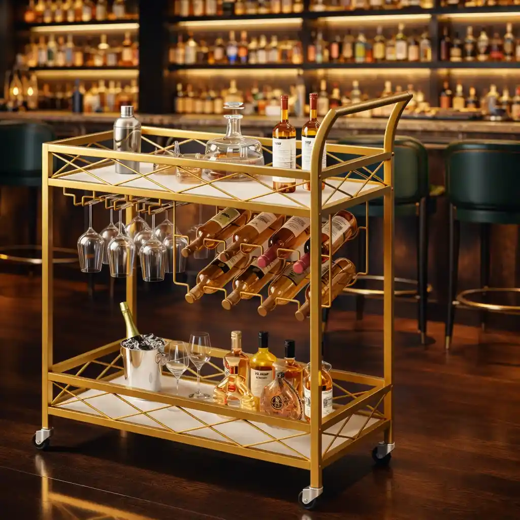 Luxury Gold Bar Cart with Built-In Bottle & Glass Storage Trolley - Image 3