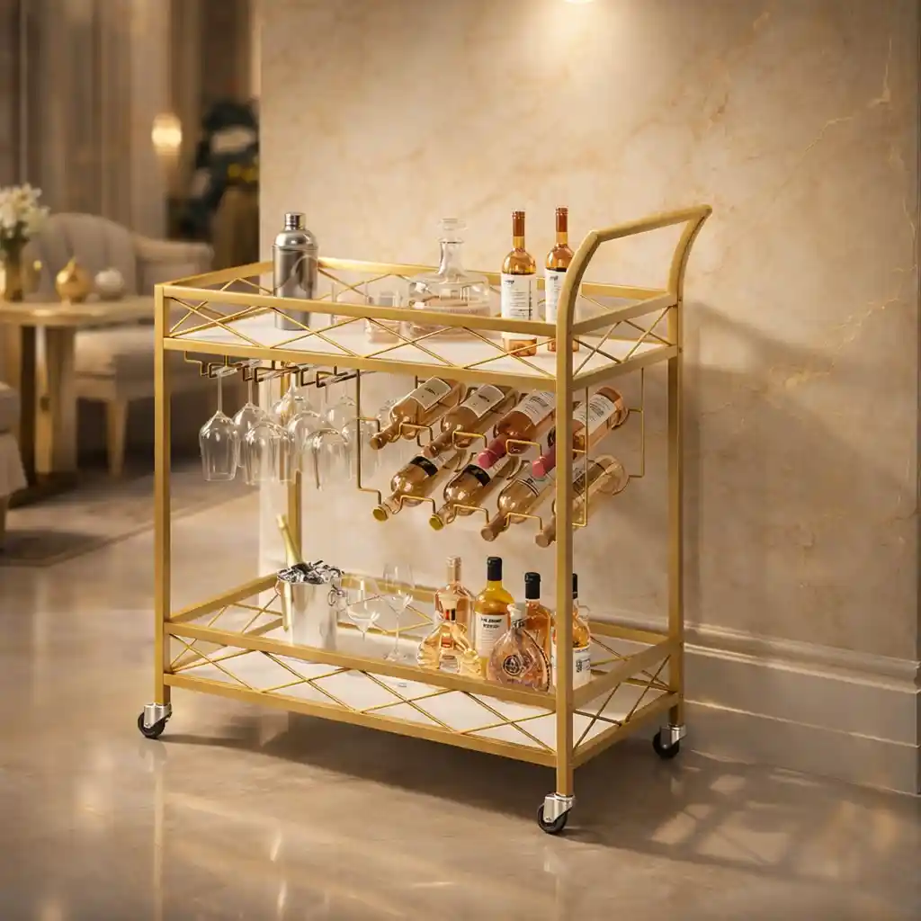 Luxury Gold Bar Cart with Built-In Bottle & Glass Storage Trolley - Image 4