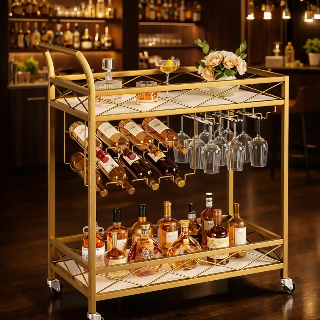 Luxury Gold Bar Cart with Built-In Bottle & Glass Storage Trolley - Image 5