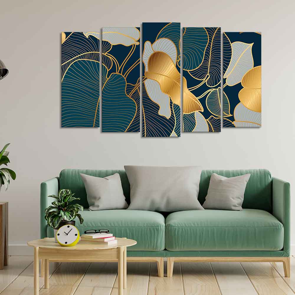 Luxury Golden Art Monstera Leaves Five Pieces Canvas wall Painting - Image 3