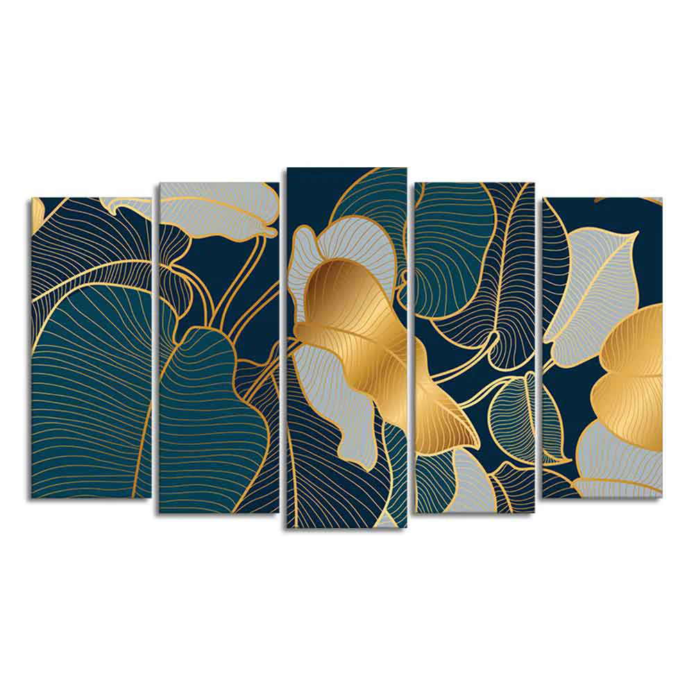 Luxury Golden Art Monstera Leaves Five Pieces Canvas wall Painting - Image 4