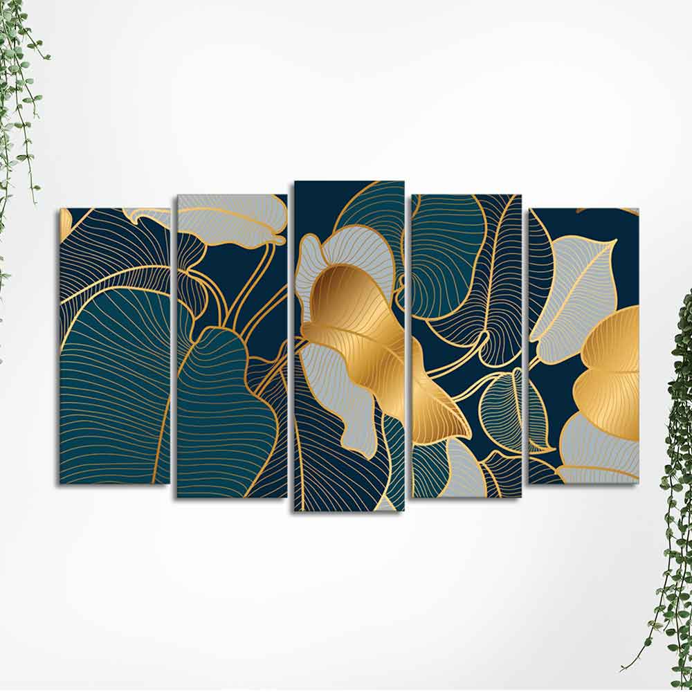 Luxury Golden Art Monstera Leaves Five Pieces Canvas wall Painting - Image 5