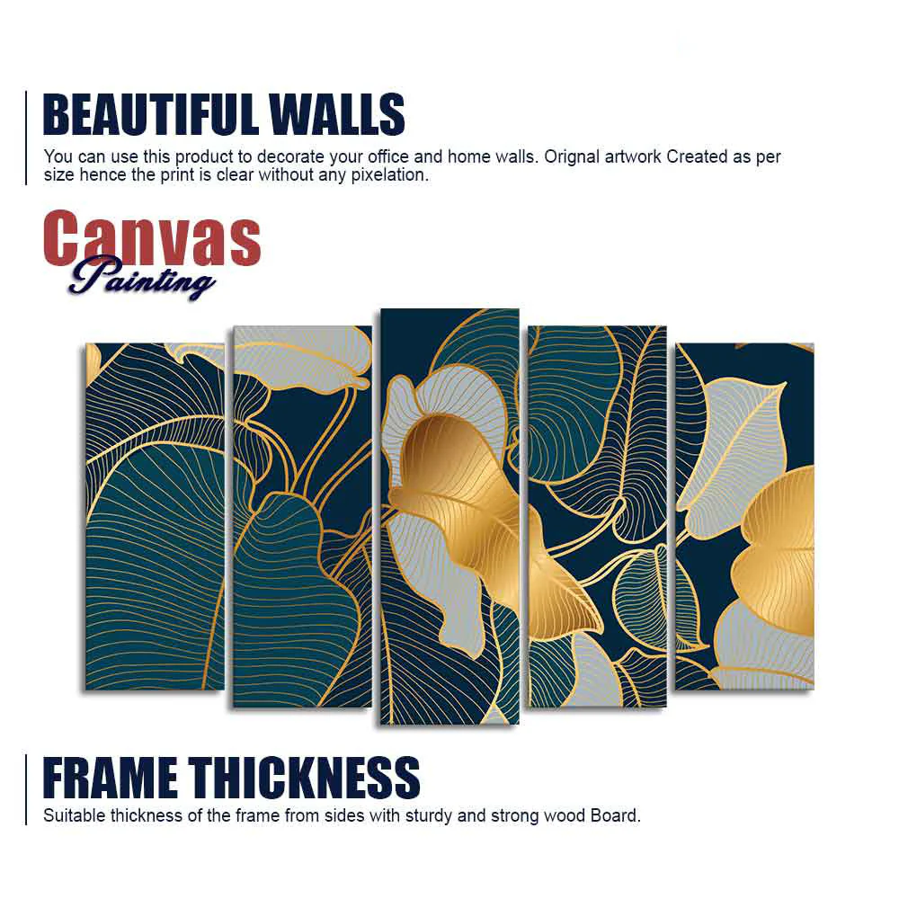 Luxury Golden Art Monstera Leaves Five Pieces Canvas wall Painting - Image 6