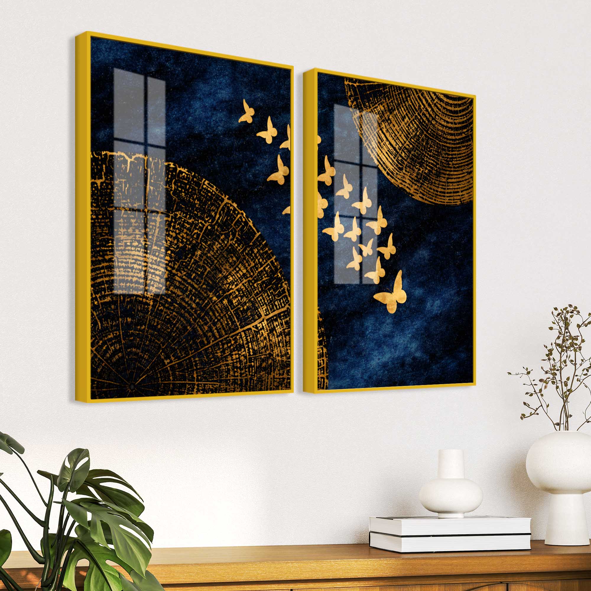 Luxury Golden Butterfly Elegance Acrylic Floating Wall Painting Set of 2 - Image 3