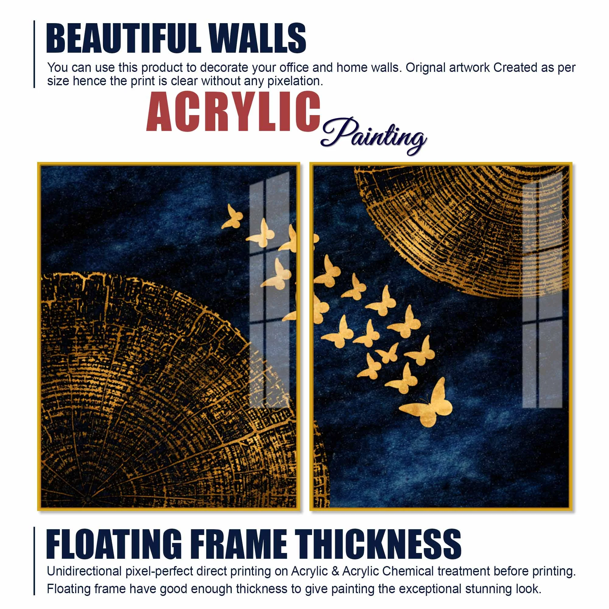 Luxury Golden Butterfly Elegance Acrylic Floating Wall Painting Set of 2 - Image 6