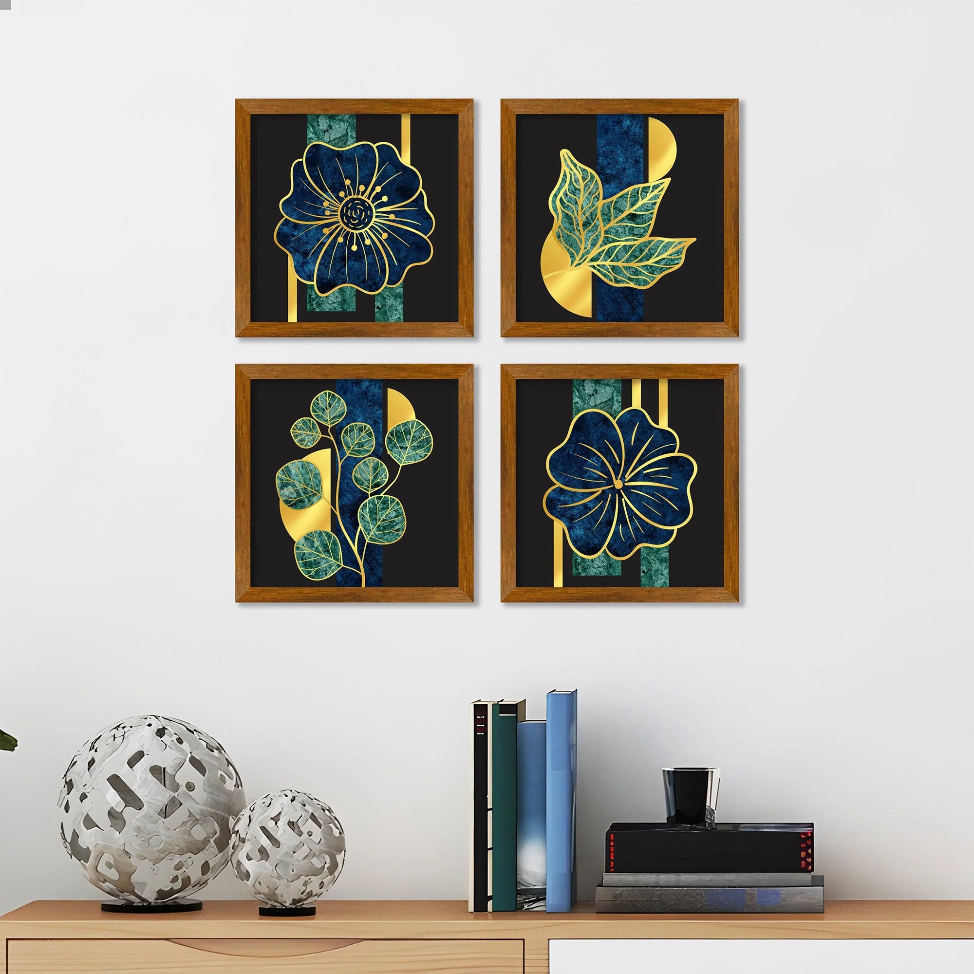 Luxury Golden Leaf Pattern Art Wooden Wall Frame Set of Four
