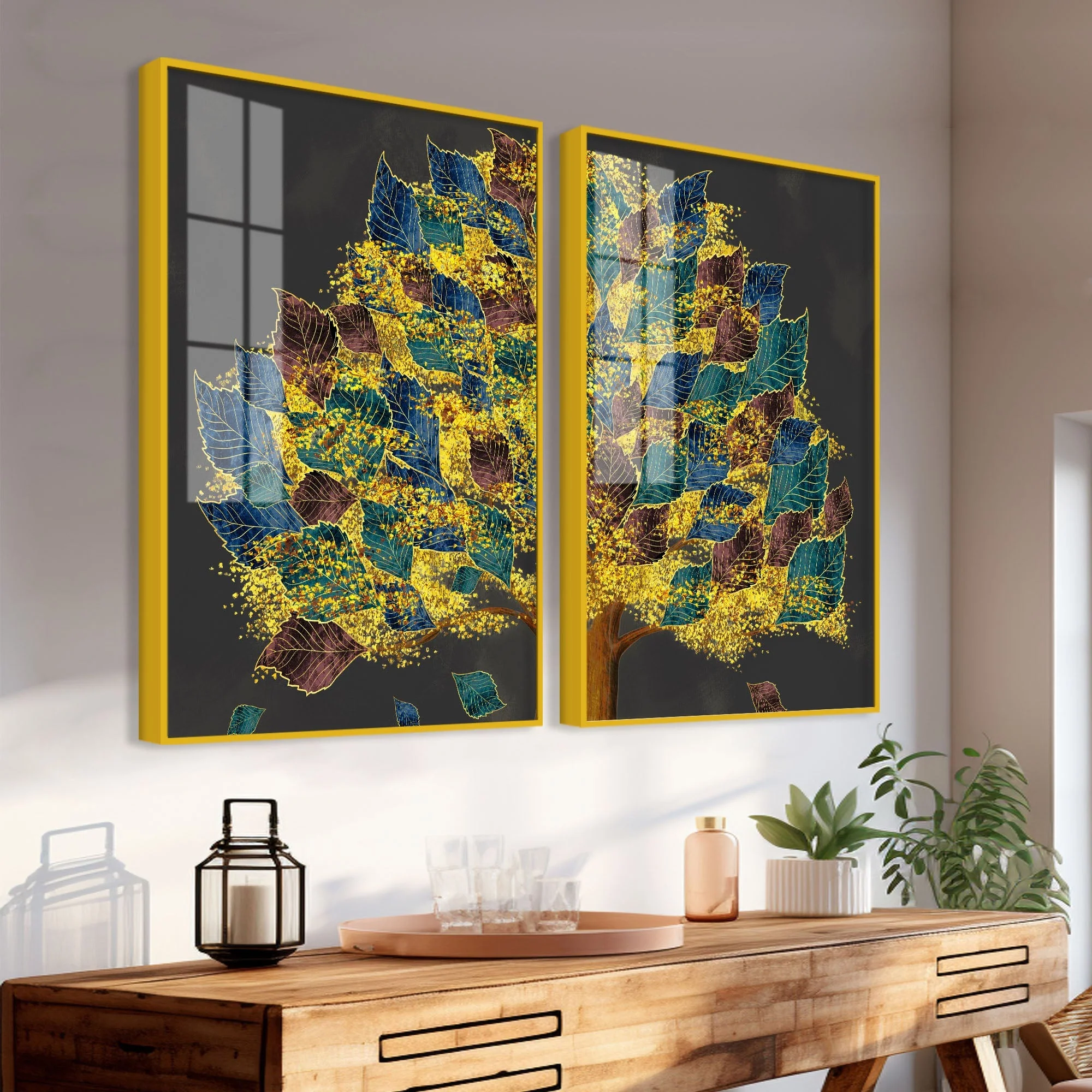 Luxury Golden Shiny Tufted Leaves Tree Acrylic Floating Wall Painting Set Of 2 - Image 3