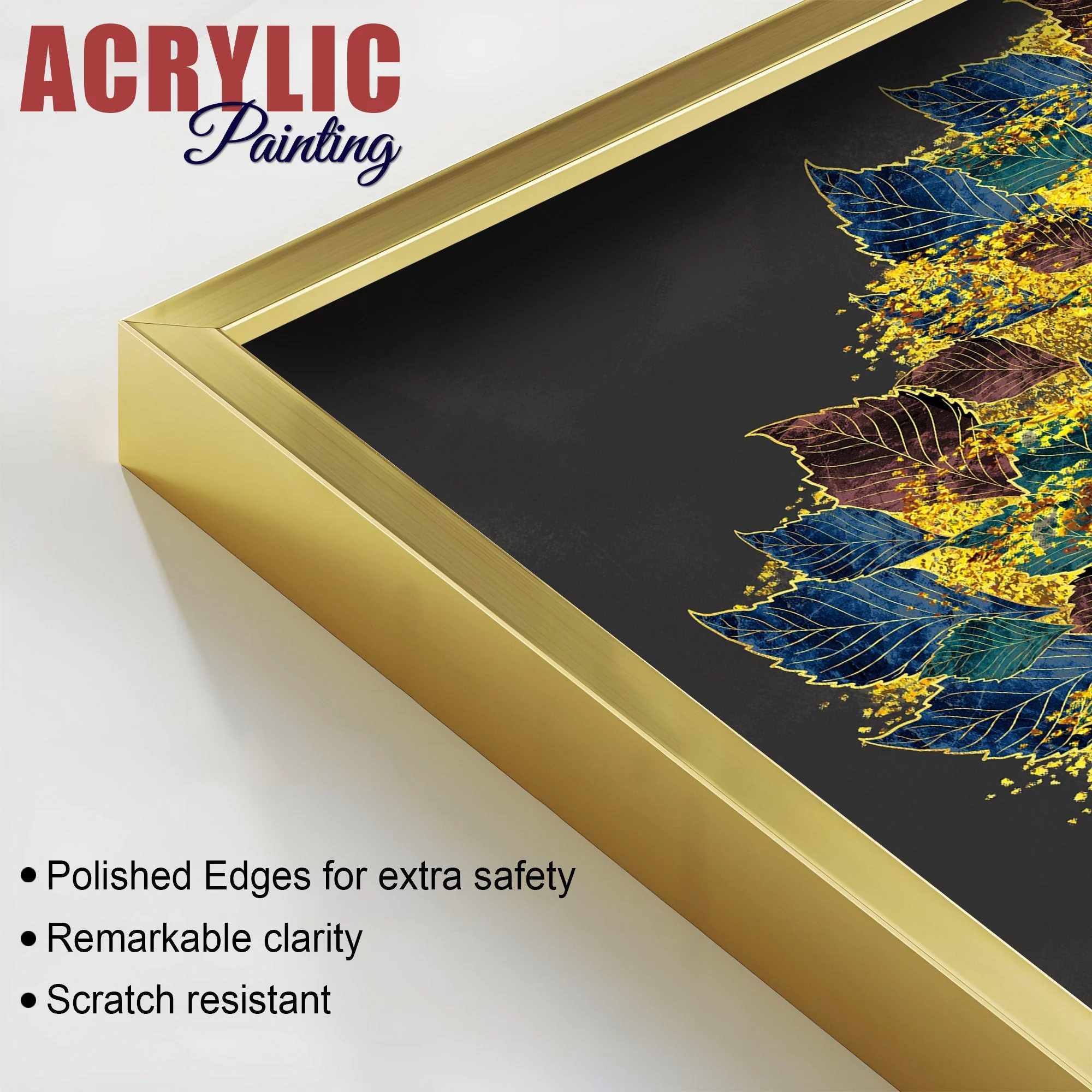 Luxury Golden Shiny Tufted Leaves Tree Acrylic Floating Wall Painting Set Of 2 - Image 4